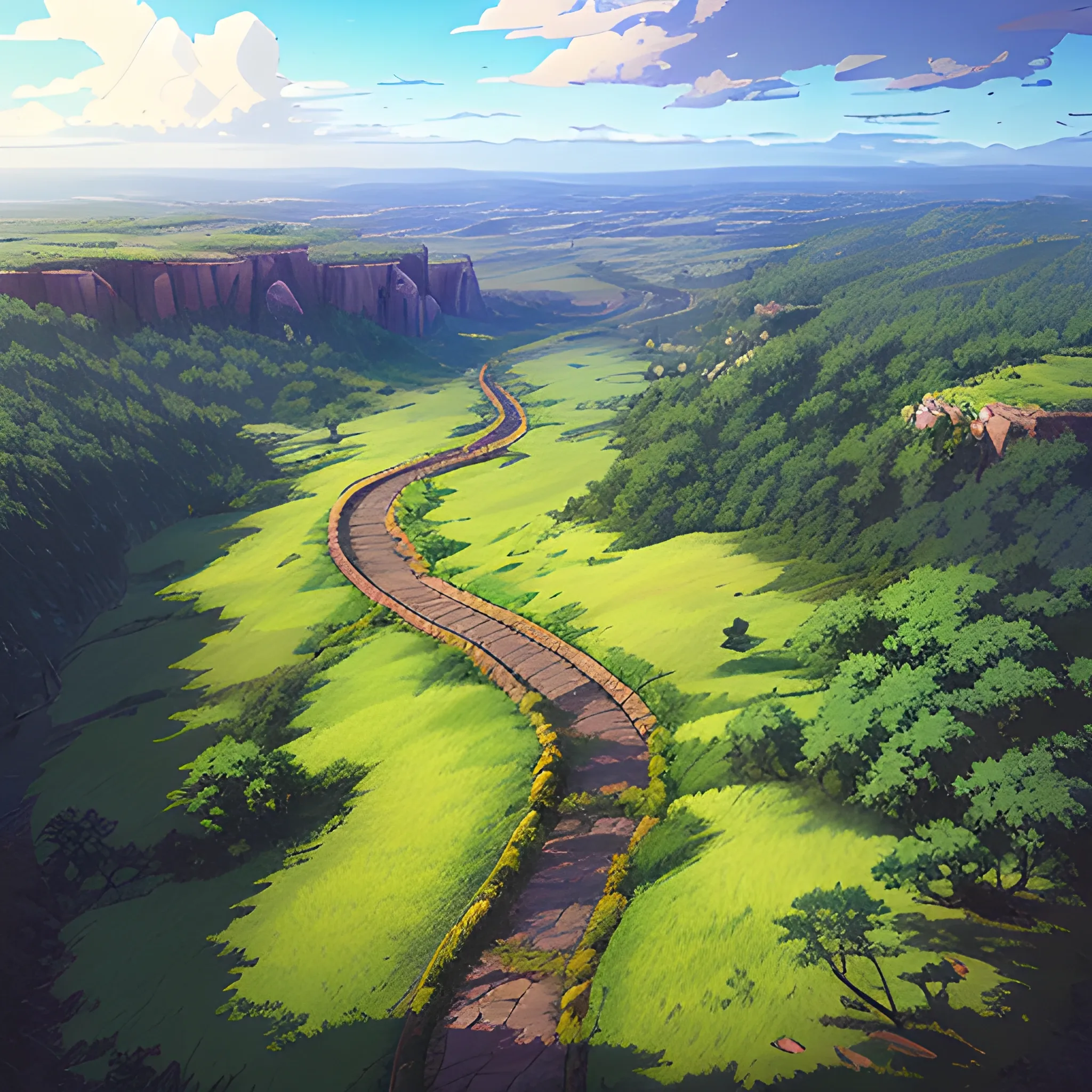 aerial view of an wide landscape with brush, greenery, small path and a sky... in the style of makoto shinkai and greg rutkowski and albert bierstadt and james gurney, Cartoon