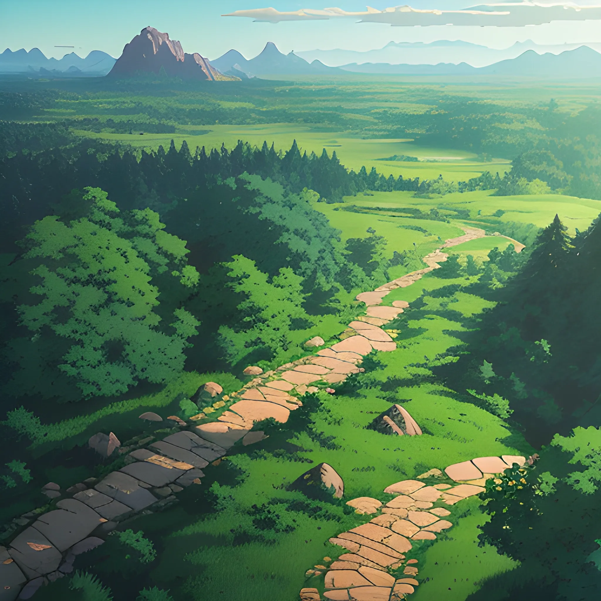 aerial view of an wide landscape with brush, greenery, small path and a sky... in the style of makoto shinkai and greg rutkowski and albert bierstadt and james gurney, Cartoon