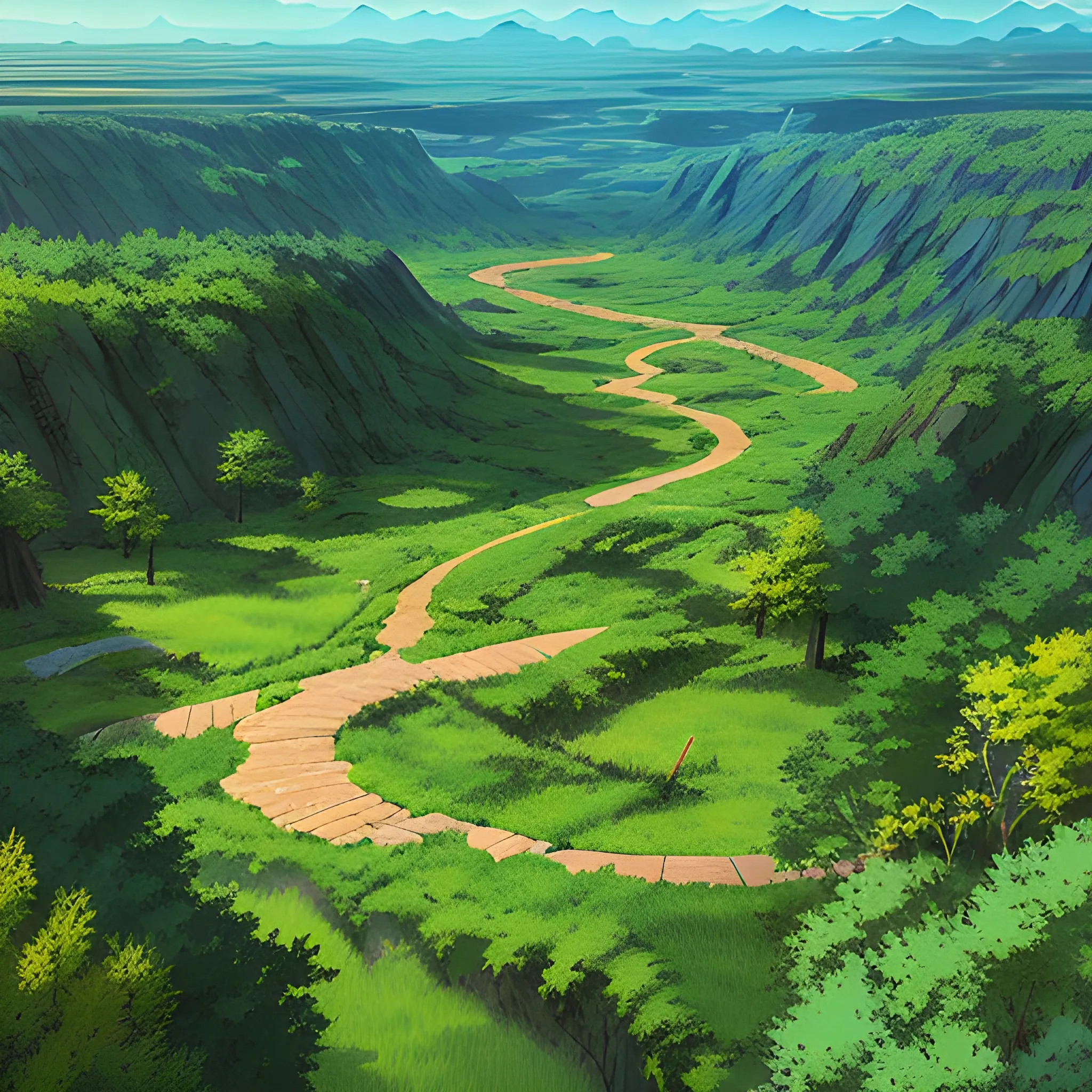 aerial view of an wide landscape with brush, greenery, small path and a sky... in the style of makoto shinkai and greg rutkowski and albert bierstadt and james gurney, Cartoon