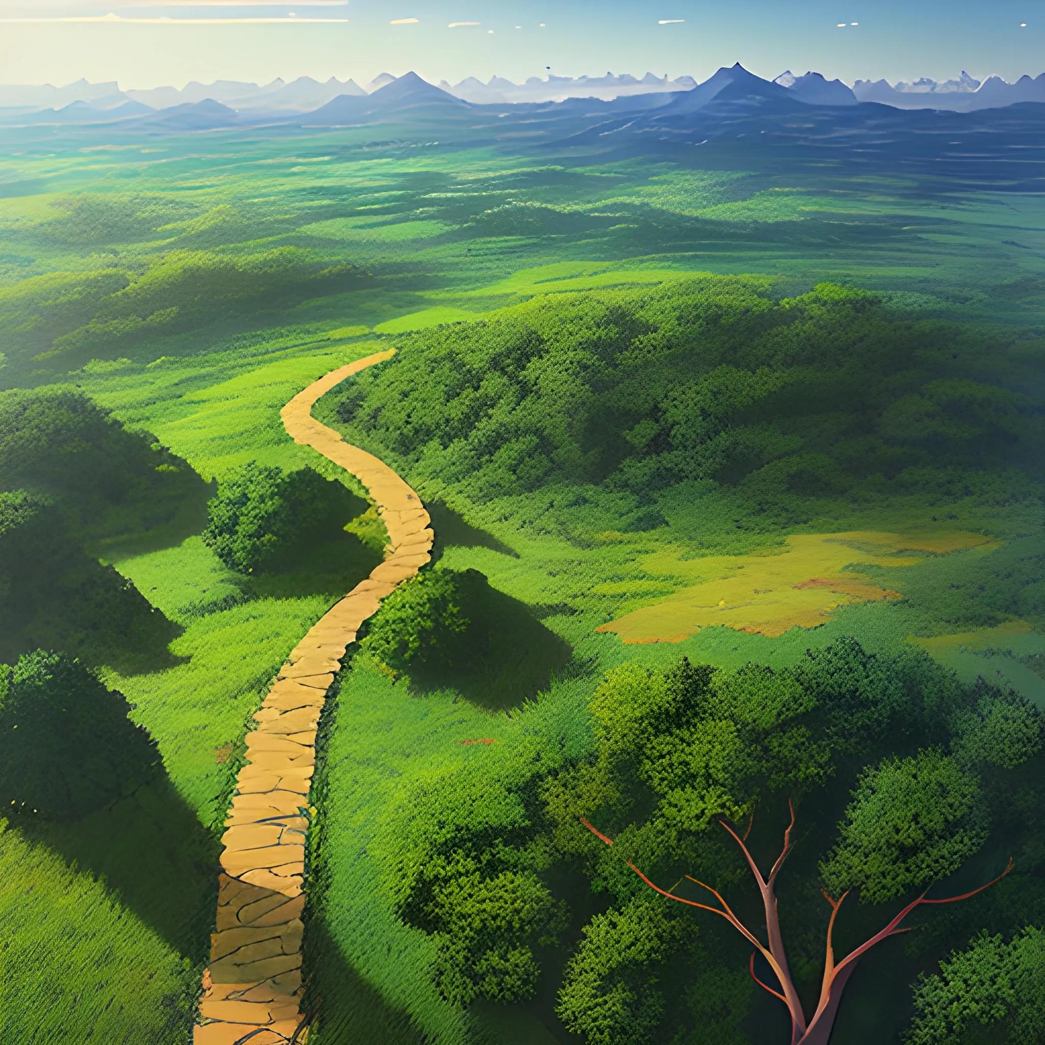 aerial view of an wide landscape with brush, greenery, small path and a sky... in the style of makoto shinkai and greg rutkowski and albert bierstadt and james gurney, Cartoon