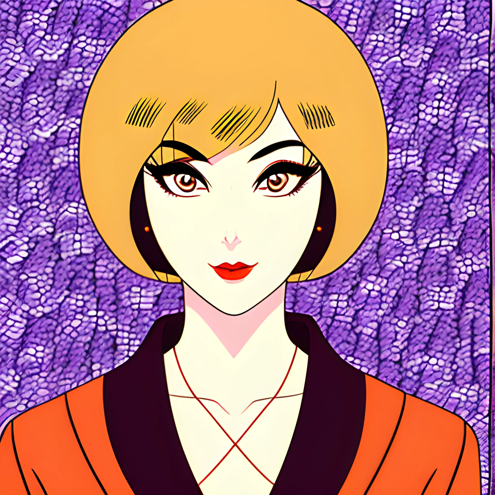 portrait of girl in the Japanese retro anime style of the 70s. His gaze is fixed to the left, his head tilted slightly downwards. , Trippy, Cartoon