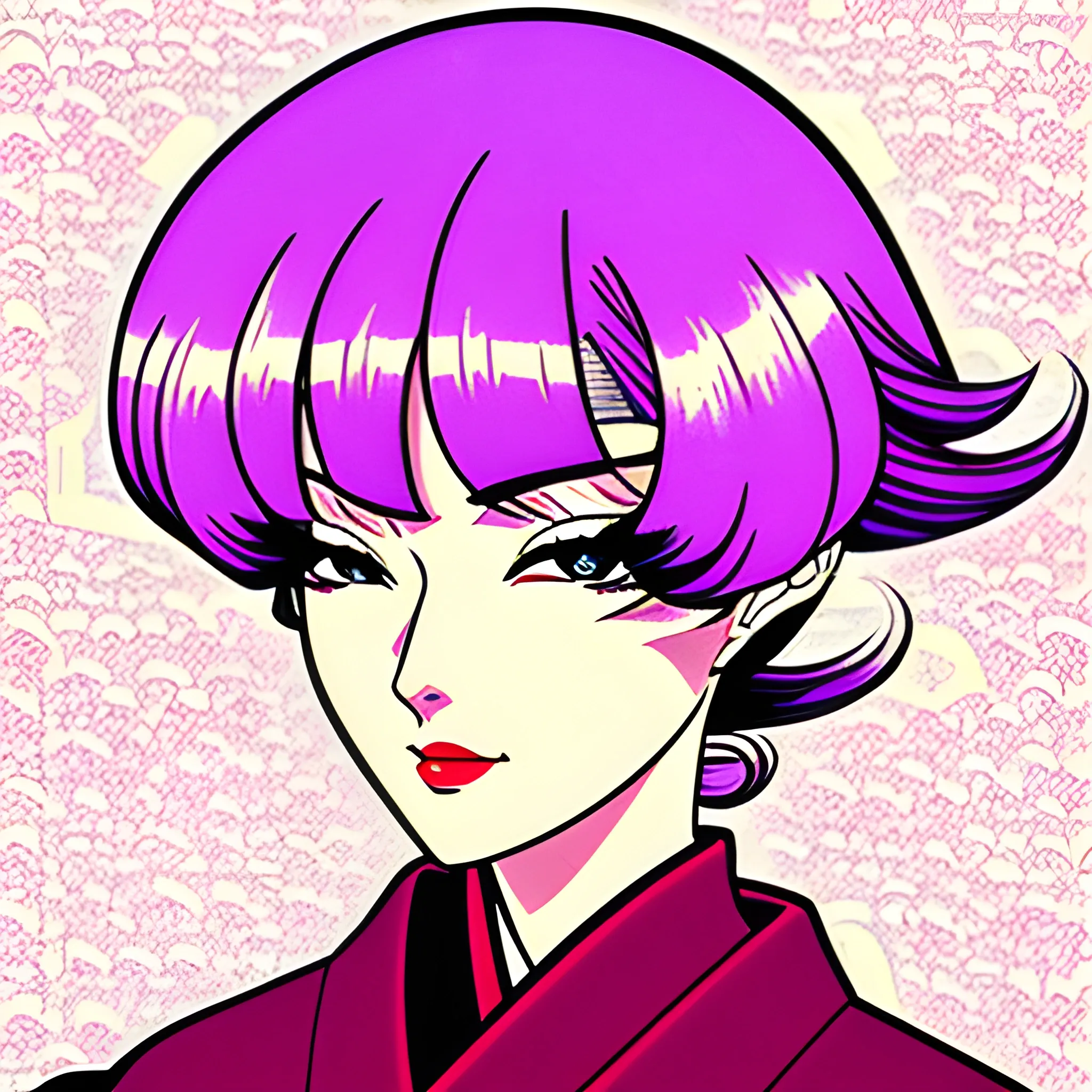 portrait of girl in the Japanese retro anime style of the 70s. His gaze is fixed to the left, his head tilted slightly downwards. , Trippy, Cartoon