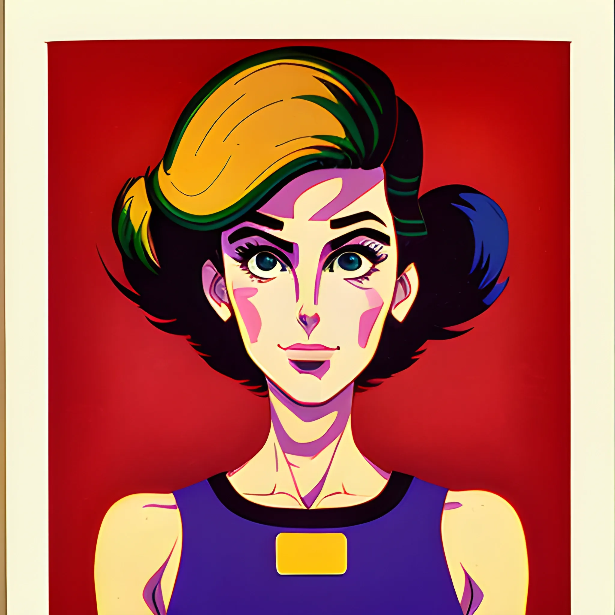 An portrait of full body: Raquel Mancini in the retro anime style of the 80s. tecnologies His gaze is fixed to the left, his. Polaroid, Cartoon, Oil Painting