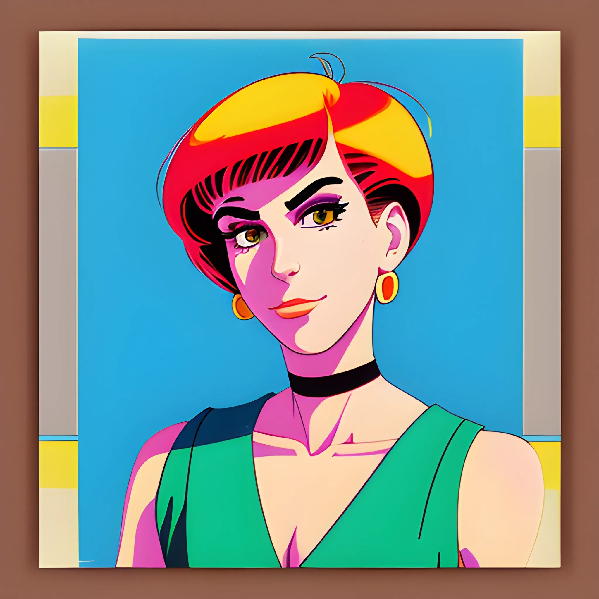 An portrait of full body: Raquel Mancini in the retro anime style of the 80s. tecnologies His gaze is fixed to the left, his. Polaroid, Cartoon, Oil Painting, Oil Painting, Oil Painting, Oil Painting