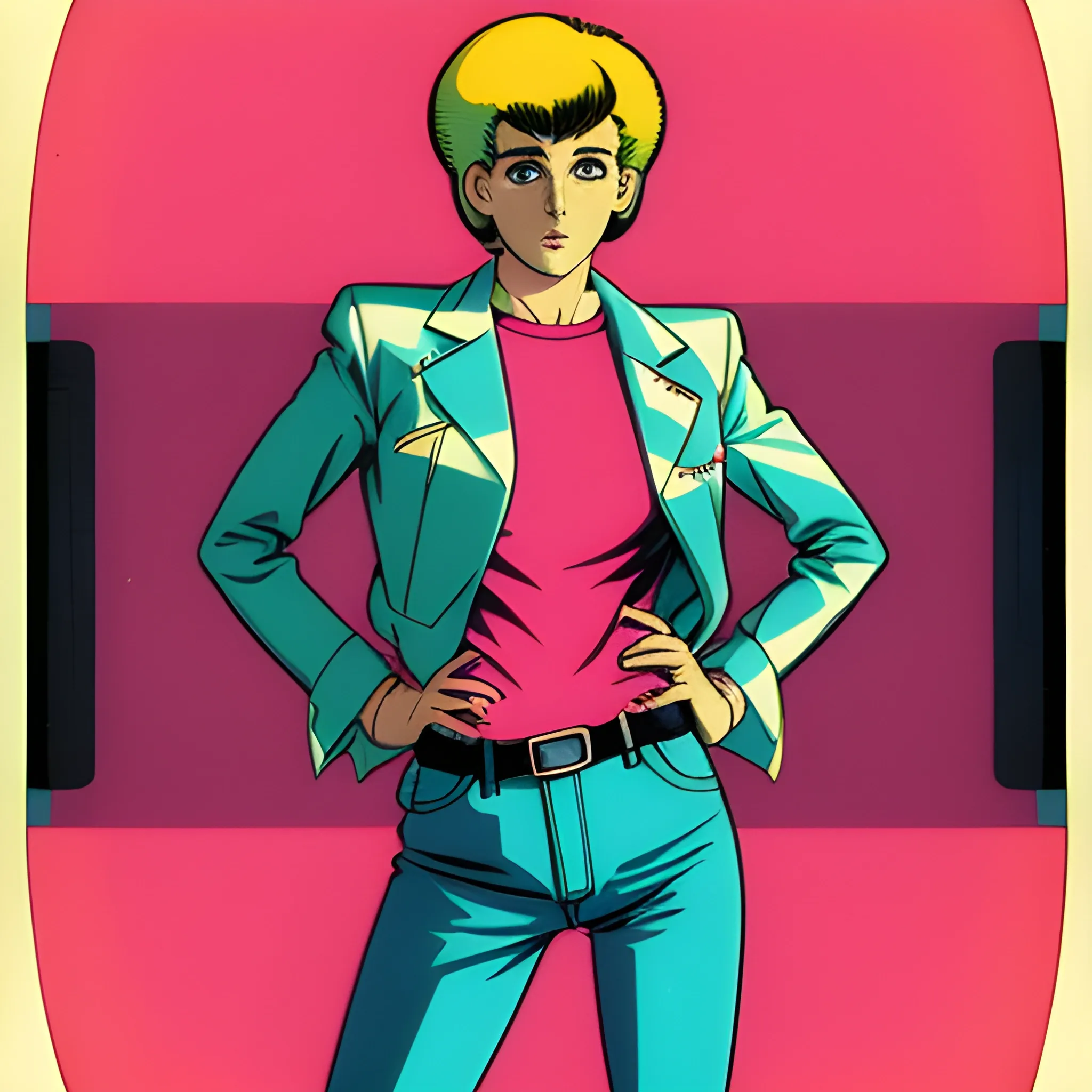 An portrait of full body: Raquel Mancini in the retro anime style of the 80s. tecnologies His gaze is fixed to the left, his. Polaroid, 