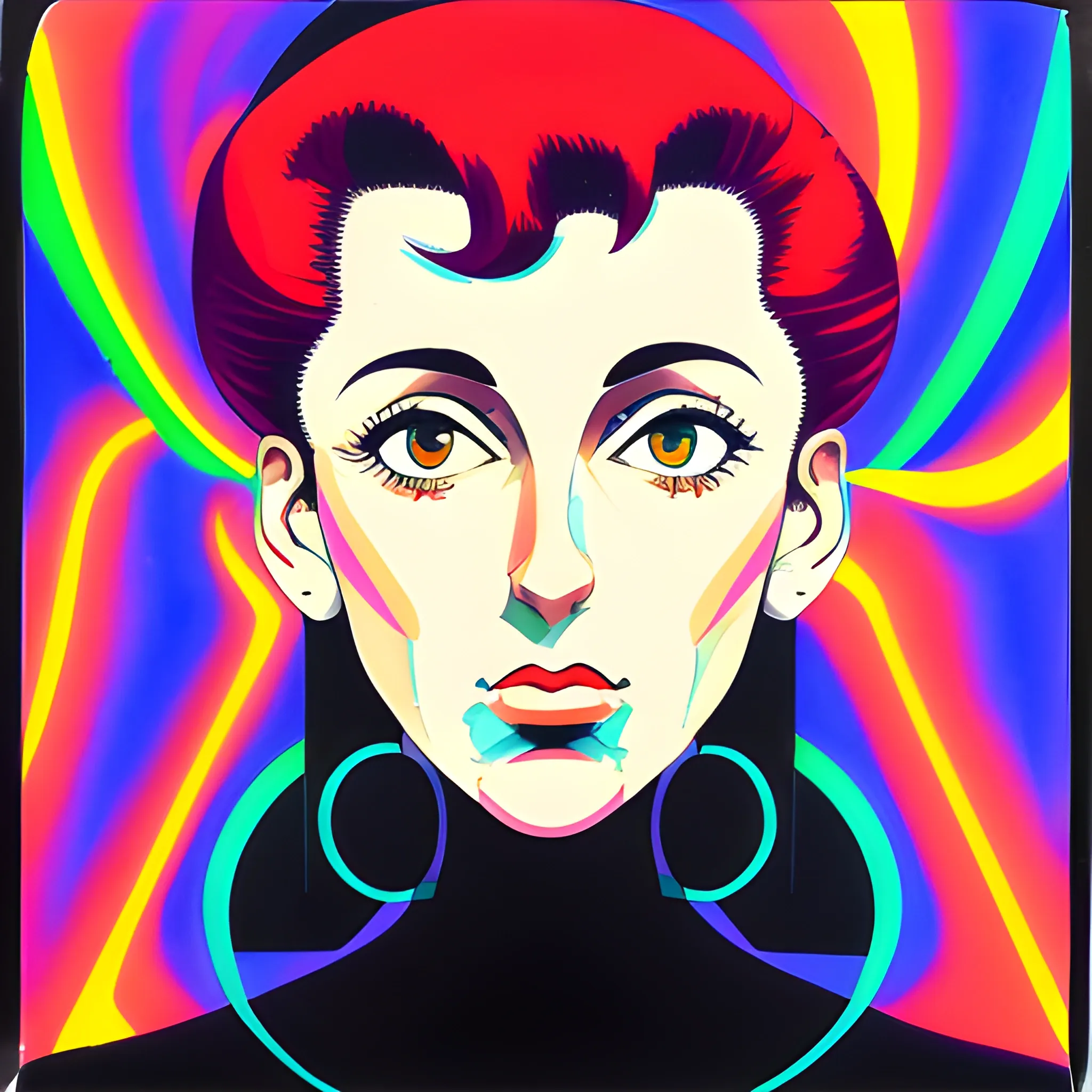 An portrait of full body: Raquel Mancini in the retro anime style of the 80s. tecnologies His gaze is fixed to the left, his. Polaroid, , Oil Painting, Trippy