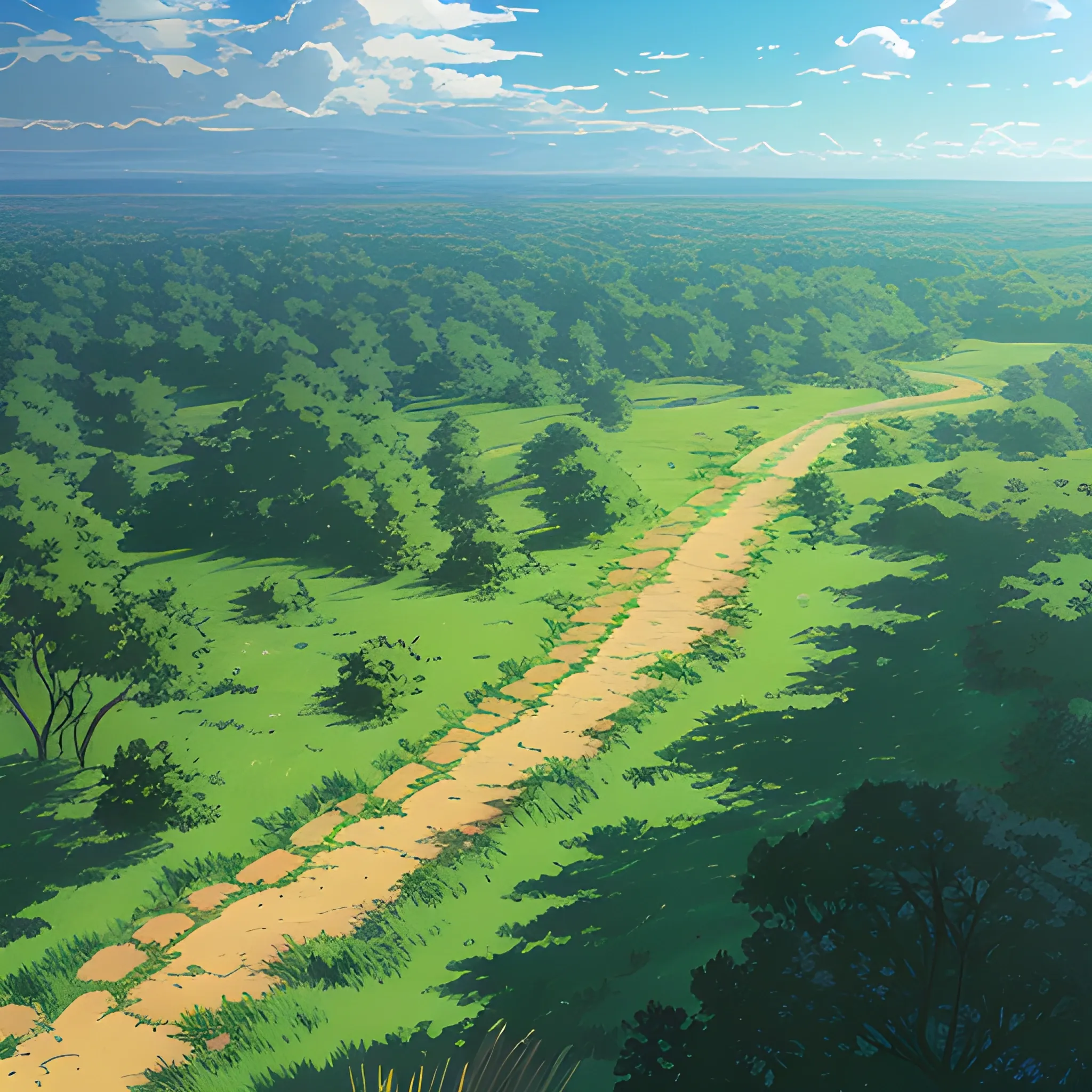 aerial view of an wide landscape with brush, greenery, small path and a sky... in the style of makoto shinkai and greg rutkowski and albert bierstadt and james gurney, Cartoon