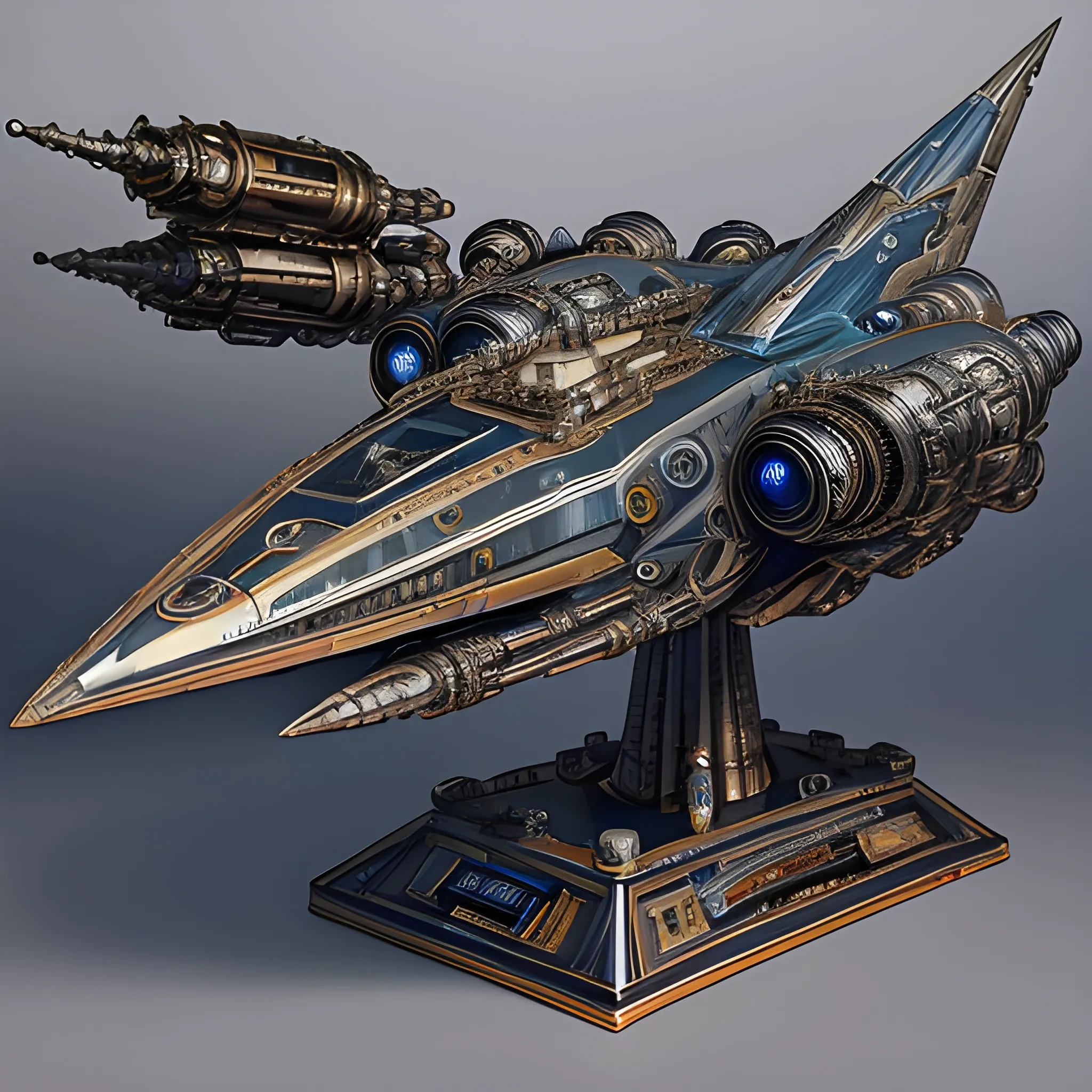 In this awe-inspiring blend of steampunk-inspired and futuristic elements, a unique starship takes center stage, designed by the genius imaginations of Edgar Allen Poe, & Ridley Scott. The starship is an amalgamation of iconic vehicles from different eras, including a 1980 Lamborghini, a 1960s Shelby Mustang, and a 1974 Winnebago. The ship's journey through the vast expanse near a Saturn-Earth-esque planet is brought to life in stunning 750k UHD.The intricate motherboard forms the backbone of the vessel, culminating in an imposing, frightful, & creepy Panther's head is carved into the front. The ship's powerful artillery is visible in the background, while blue crystal diamond bat shaped nacelles adorn the rear. This captivating artwork ,dark fantasy.In this awe-inspiring blend of steampunk-inspired and futuristic elements, a unique starship takes center stage, designed by the genius imaginations of  Larry Niven The starship is an amalgamation of iconic vehicles from different eras, including a 1980 USA Submarine, a 1960s Shelby Mustang, and a 1974 Winnebago. The ship's journey through the vast expanse near a Saturn-Earth-esque planet is brought to life in stunning 750k UHD.The intricate motherboard forms the backbone of the vessel, culminating in an imposing, frightful, & creepy Panther's head is carved into the front. The ship's powerful artillery is visible in the background, while blue crystal diamond tiger tail shaped nacelles adorn the rear.