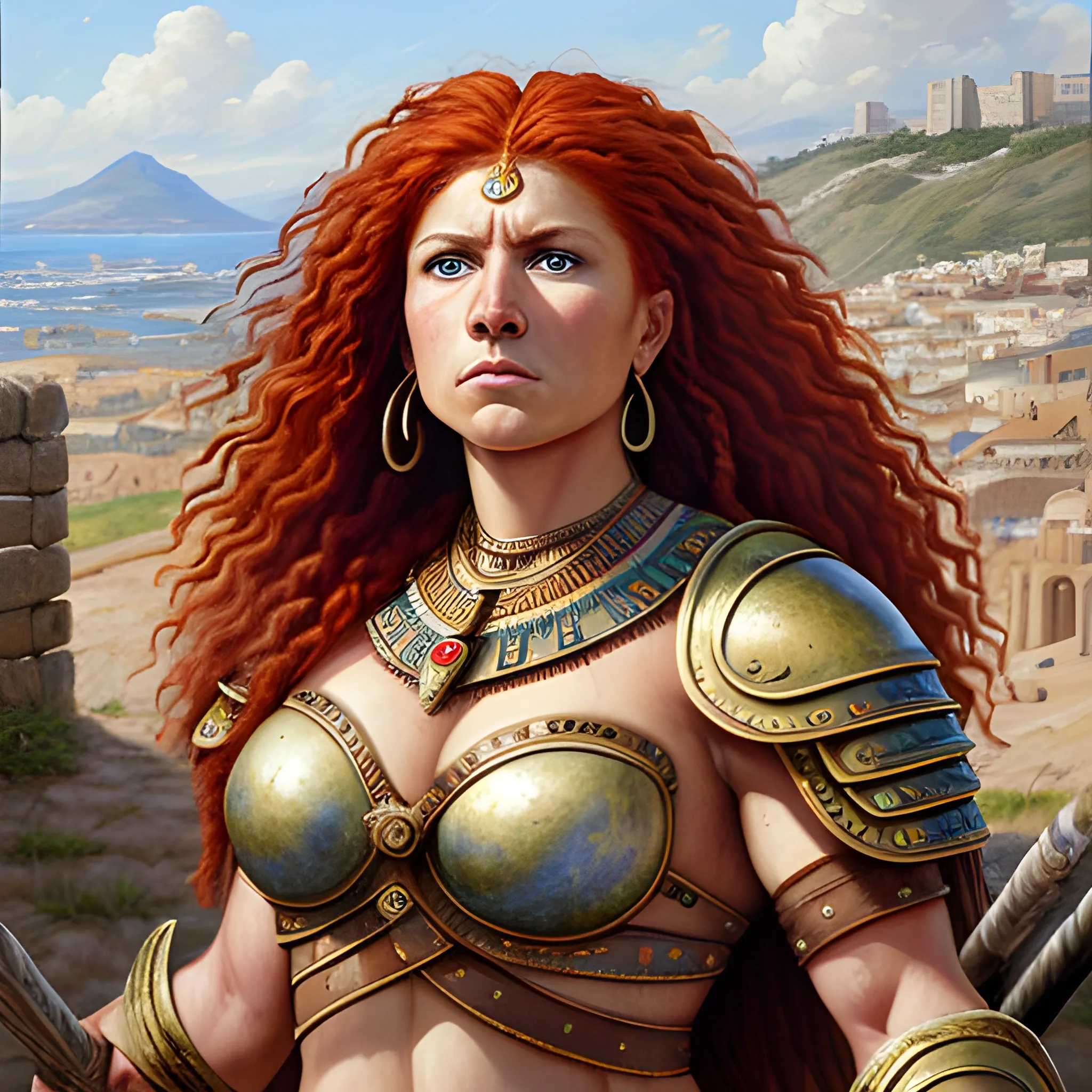 An oil painting depicting the Amazon Warrior Women guarding the ancient walls of the metropolis of the island of Hesperia. Are all warriors women of robust, vary athletic and very muscular build, wearing traditional armor and helmets of intricate design. Some are like black Africans, others are like Arabs, Egyptians and Indians women with long curly black hair, and others are like European blondes and redheads. They carry spears and shields, with determined expressions on their faces as they keep a watchful eye on the city. The ancient walls of the metropolis of Hesperia are depicted in the background, and the sea is seen beyond. The overall atmosphere is one of ancient strength and eternal duty, captured in rich, detailed brush strokes typical of classical oil paintings., Oil Painting