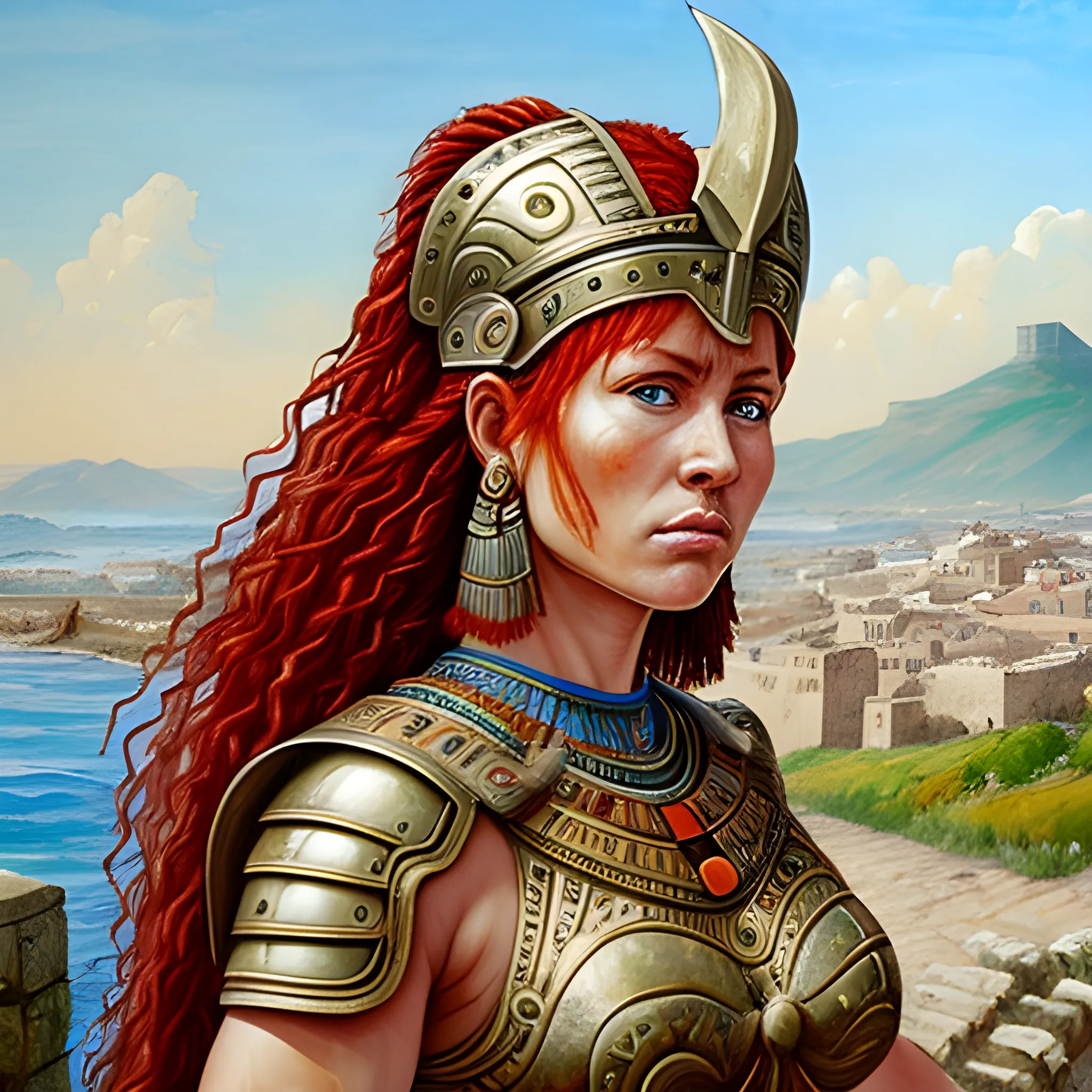 An oil painting depicting the Amazon Warrior Women guarding the ancient walls of the metropolis of the island of Hesperia. Are all warriors women of robust, vary athletic and very muscular build, wearing traditional armor and helmets of intricate design. Some are like black Africans, others are like Arabs, Egyptians and Indians women with long curly black hair, and others are like European blondes and redheads. They carry spears and shields, with determined expressions on their faces as they keep a watchful eye on the city. The ancient walls of the metropolis of Hesperia are depicted in the background, and the sea is seen beyond. The overall atmosphere is one of ancient strength and eternal duty, captured in rich, detailed brush strokes typical of classical oil paintings., Oil Painting, Water Color