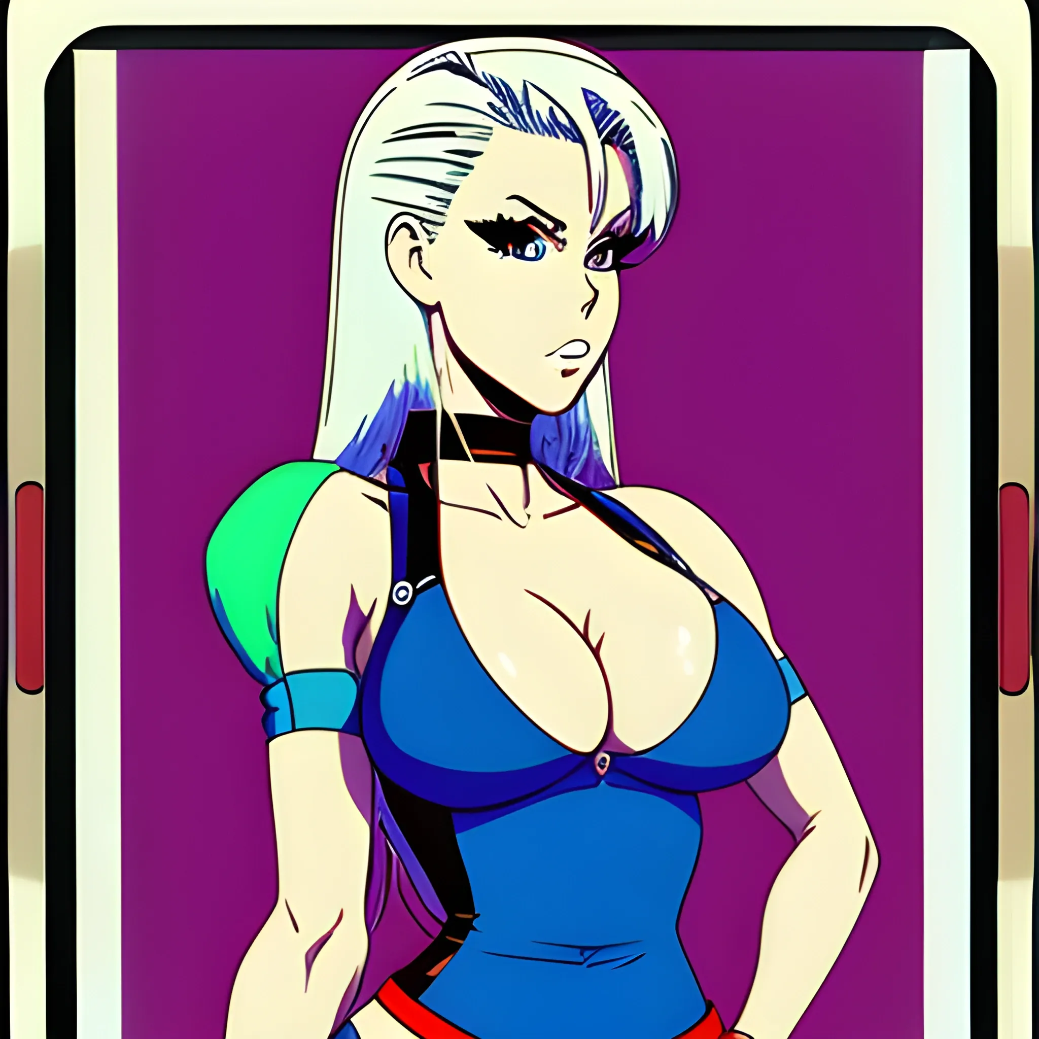 An portrait of full body: Jenny Poussin in the retro anime style of the 80s. tecnologies His gaze is fixed to the left, his. Polaroid, Cartoon