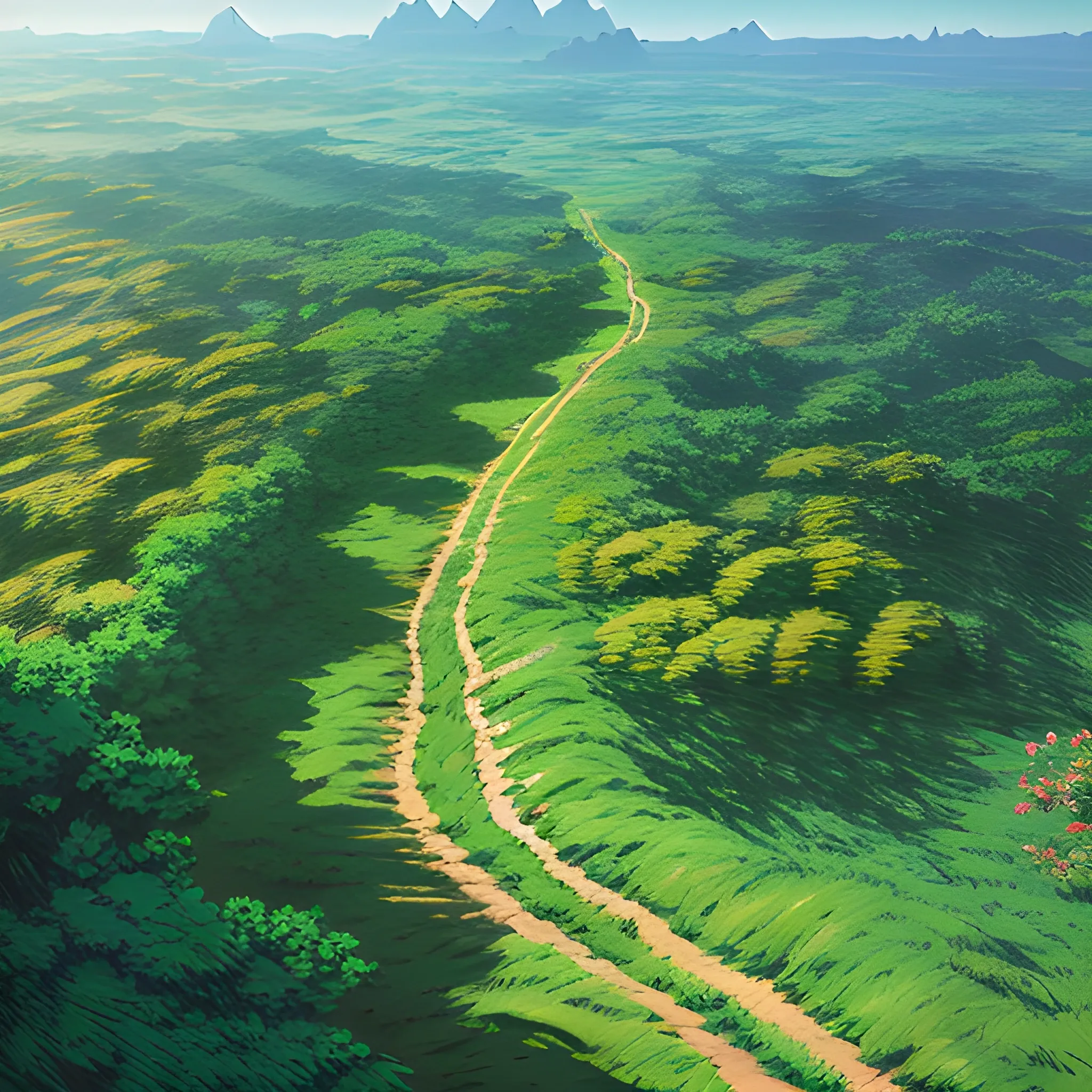 aerial view of an wide landscape with brush, greenery, small path and a sky... in the style of makoto shinkai and greg rutkowski and albert bierstadt and james gurney, Cartoon