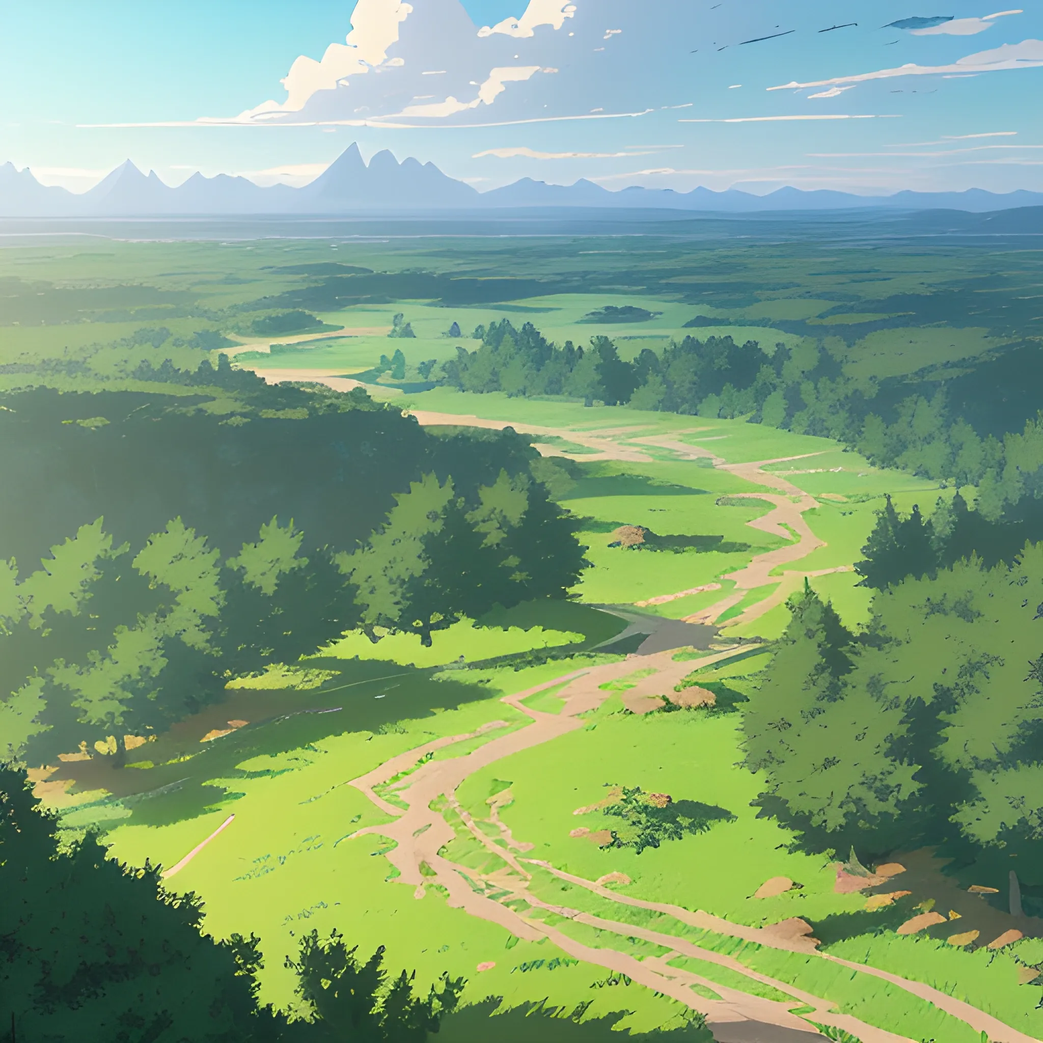 aerial view of an wide landscape with brush, greenery, small path and a sky... in the style of makoto shinkai and greg rutkowski and albert bierstadt and james gurney, Cartoon