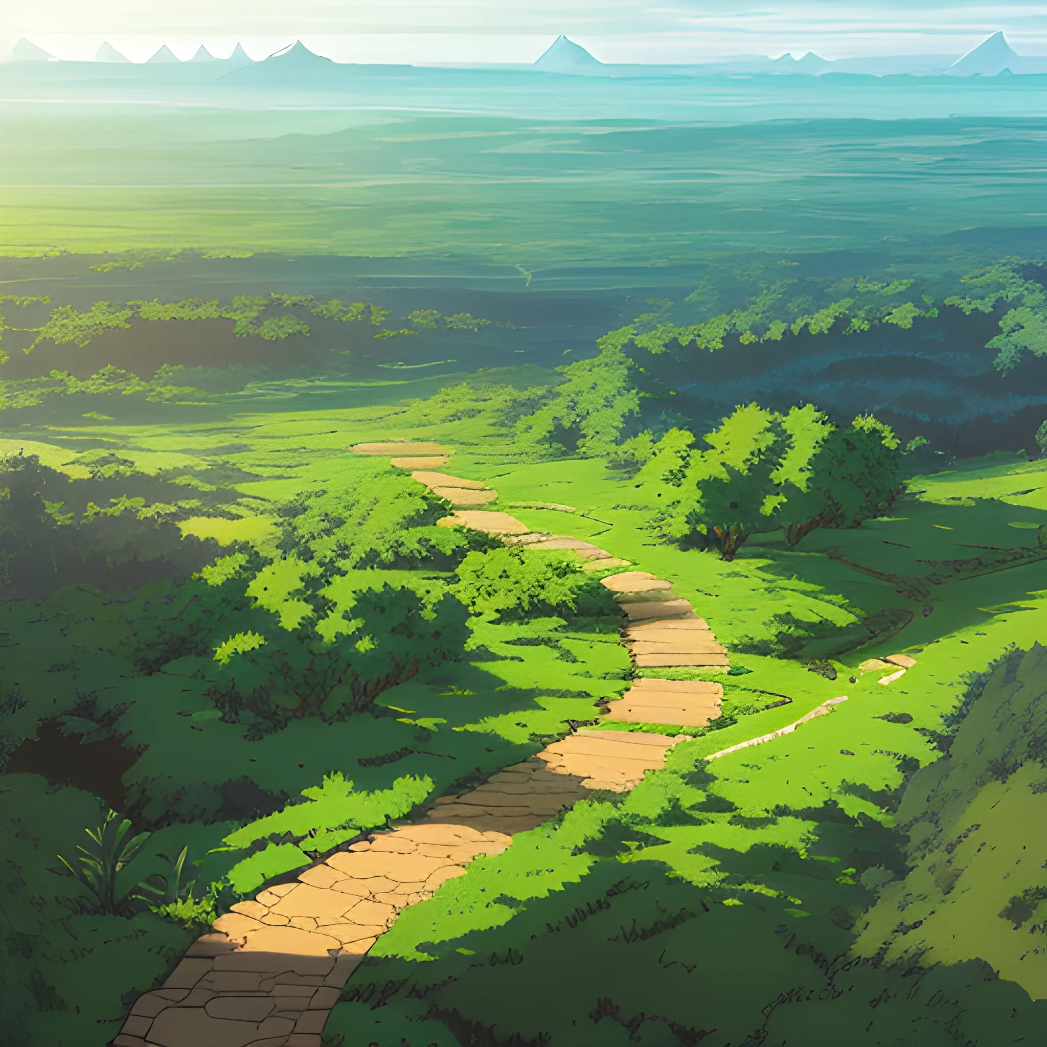 aerial view of an wide landscape with brush, greenery, small path and a sky... in the style of makoto shinkai and greg rutkowski and albert bierstadt and james gurney, Cartoon