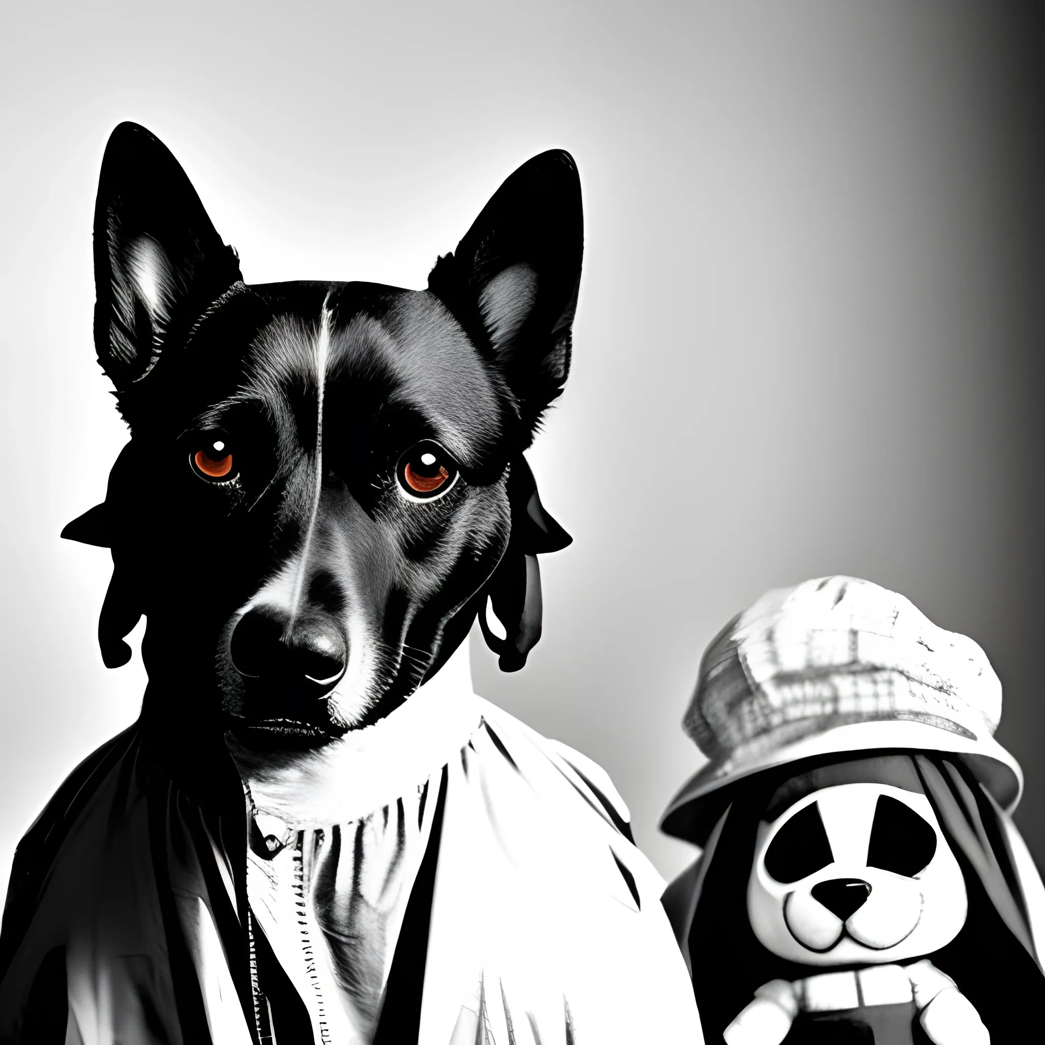 An old image of a dog with evil faces and old newlywed clothes