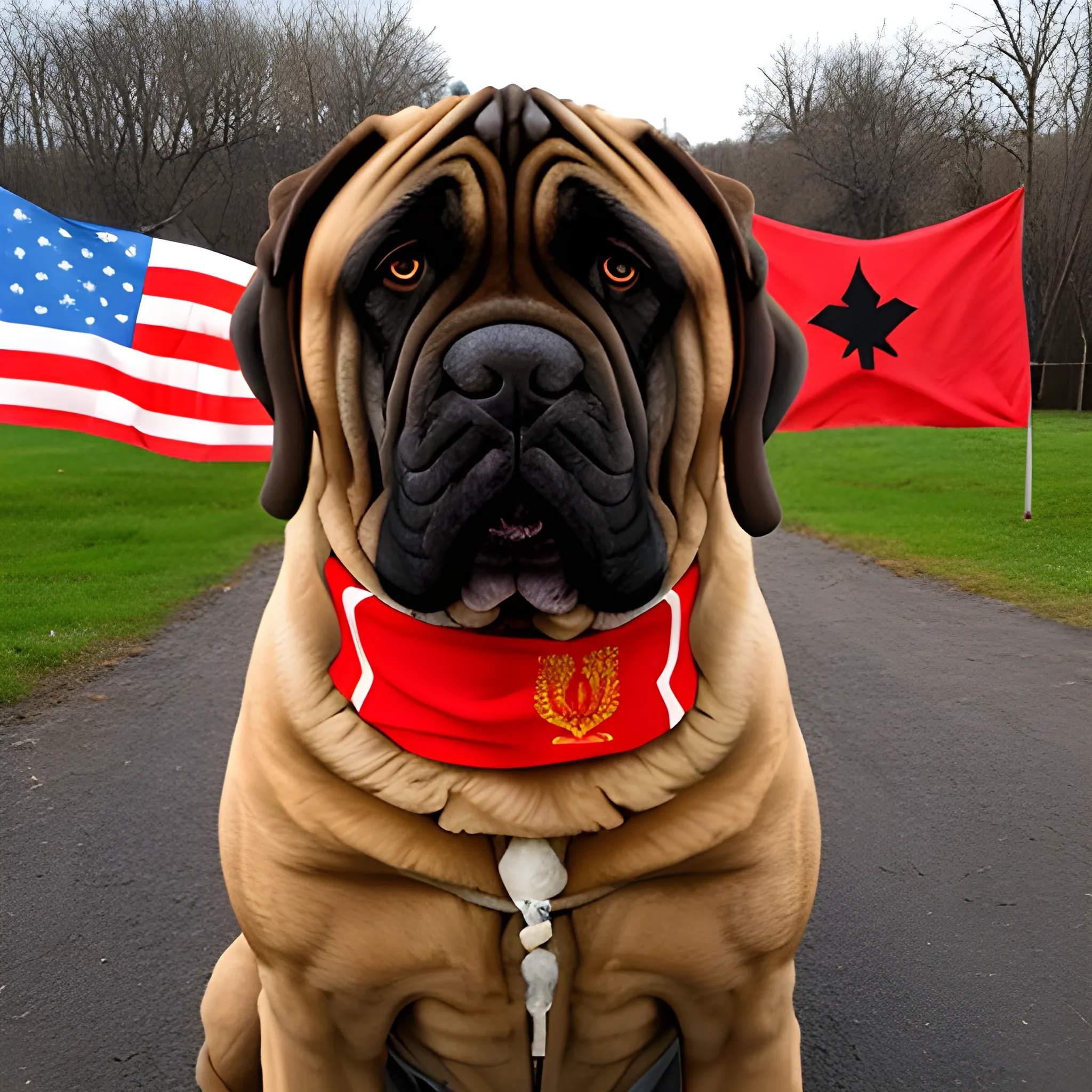 English Mastiff with a sovietic flag