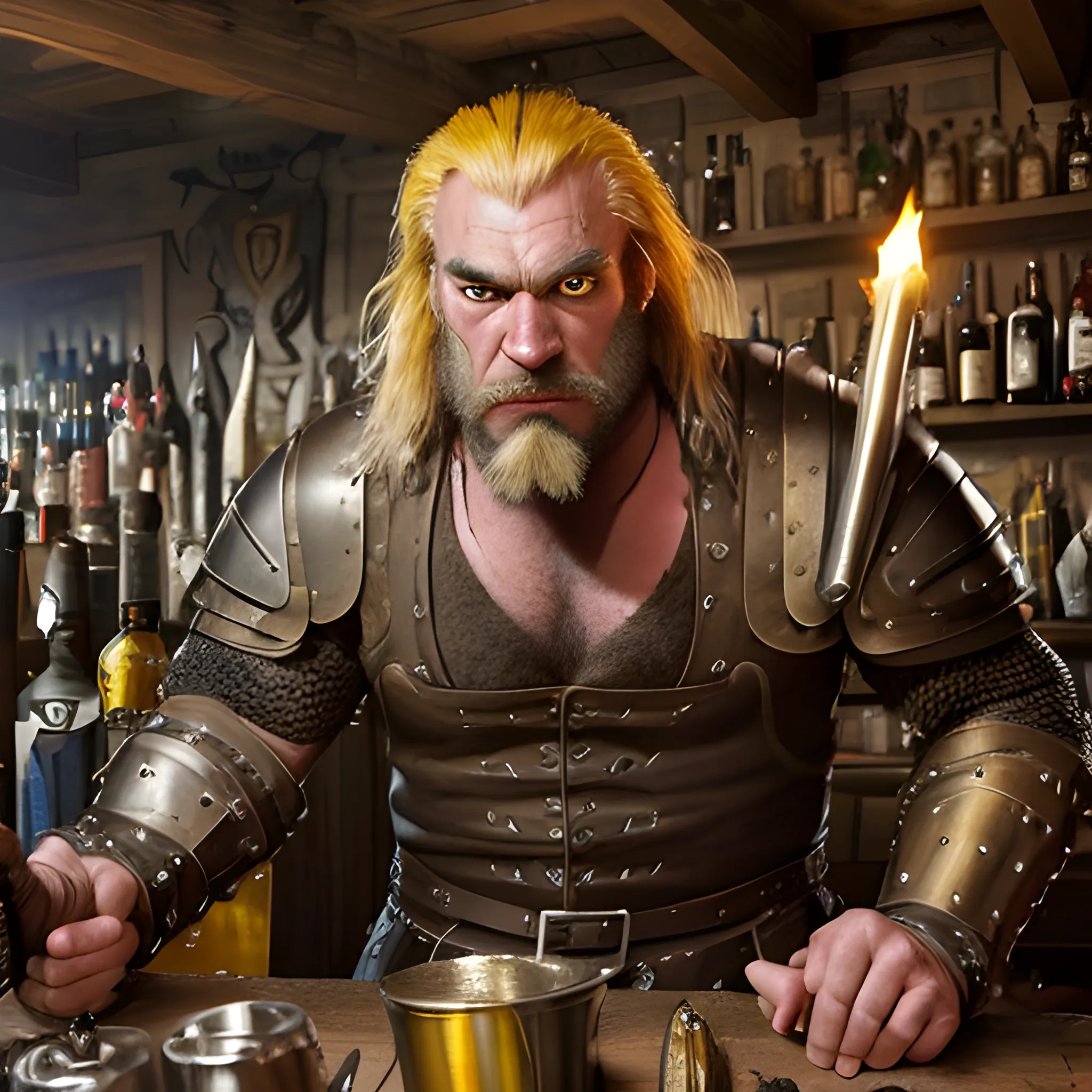 sabretooth victor creed from xmen with mutton chop beard as a feral intimidating menace medieval bartender, blond hair in a black and yellow leather medieval armor with fur on neck, claw scars engraved in face, in a dark poor tavern lit by torches, arms with hair,, Cartoon