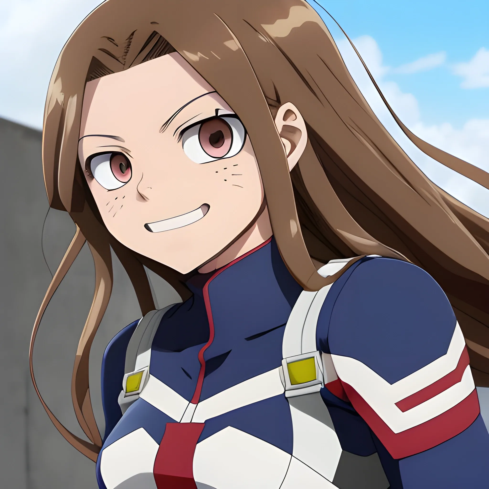 My Hero Academia woman with long light brown hair with one blue eye and one brown eye