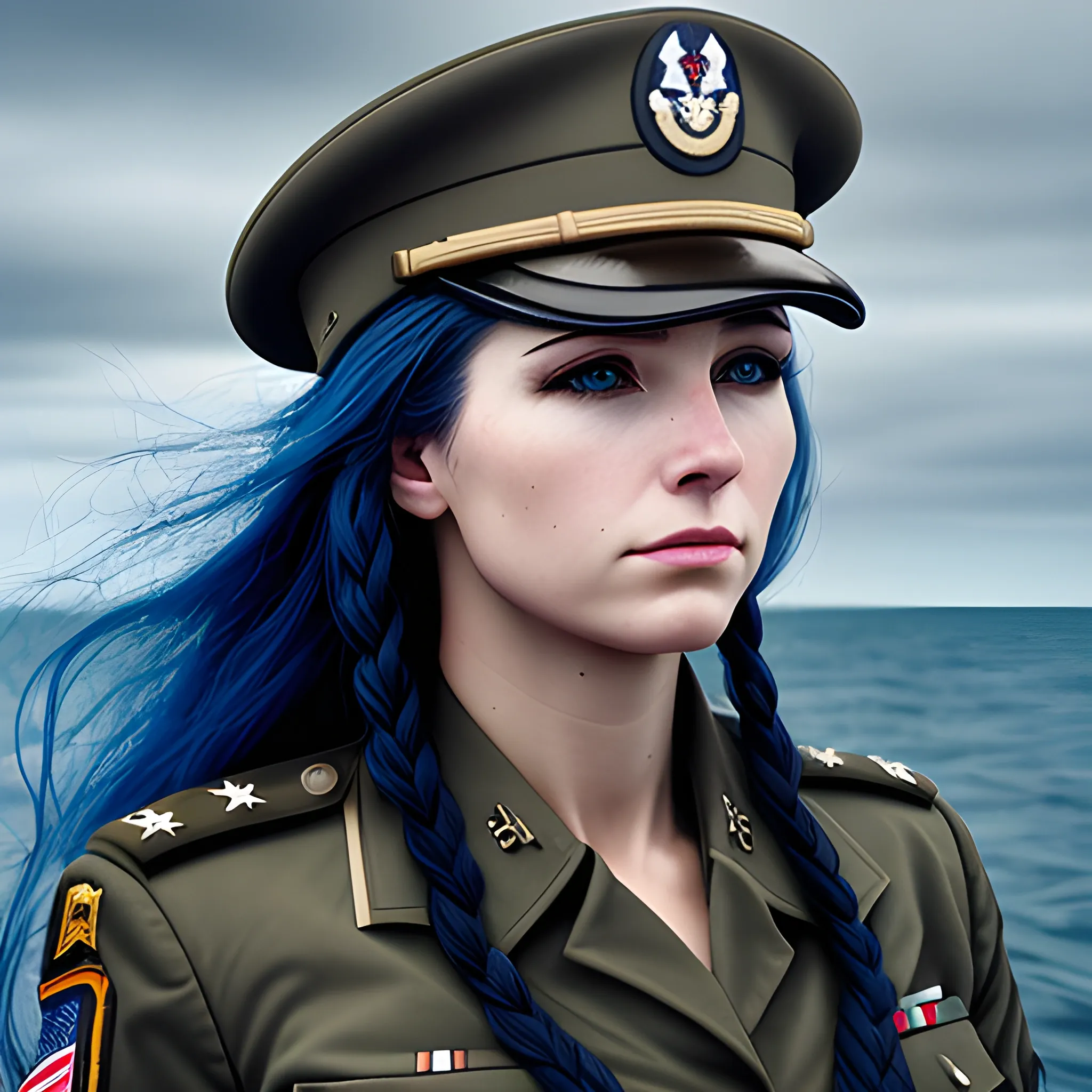 woman, long_blue_hair, military, captain,  realistic_photography