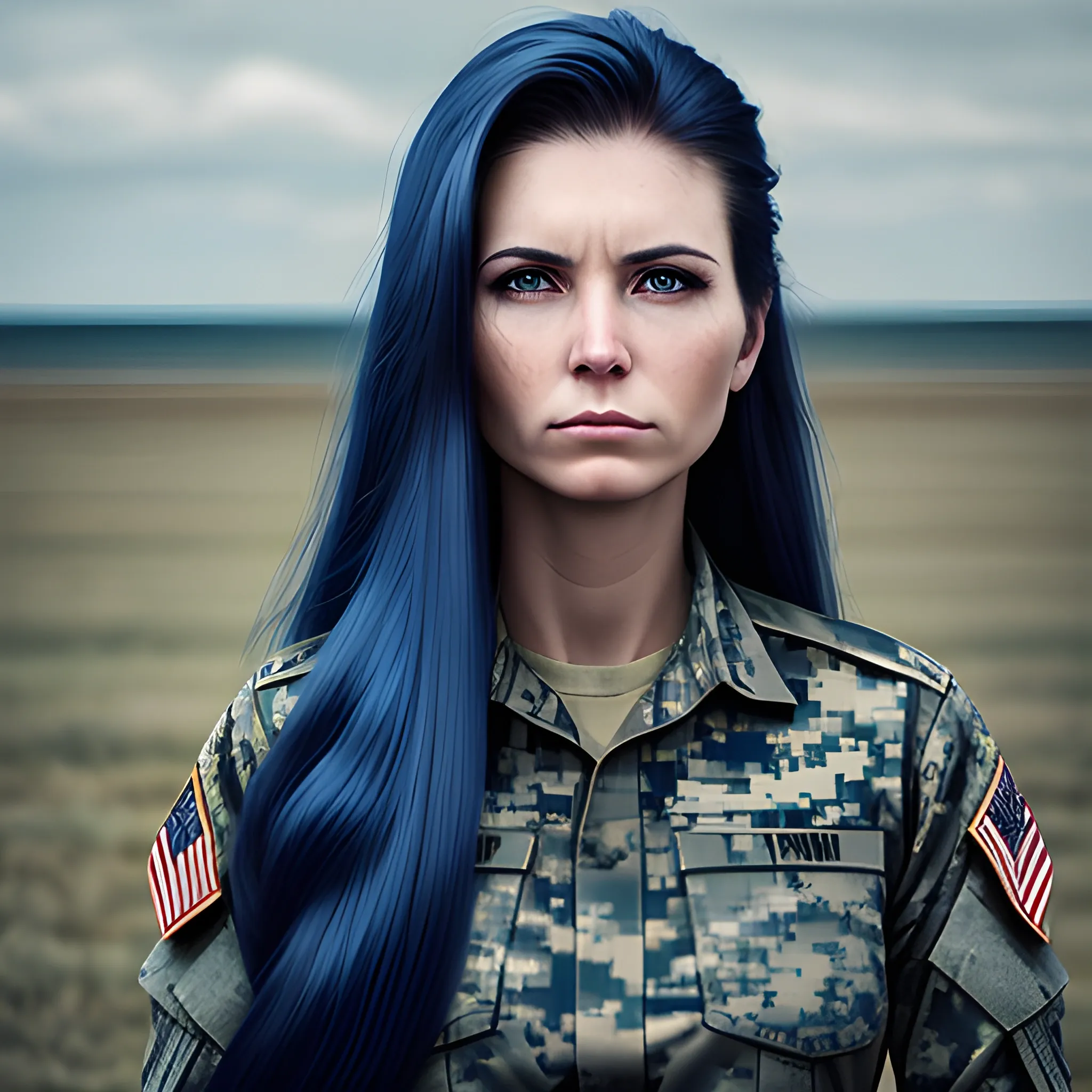 woman, long_blue_hair, military, captain,  realistic_photography