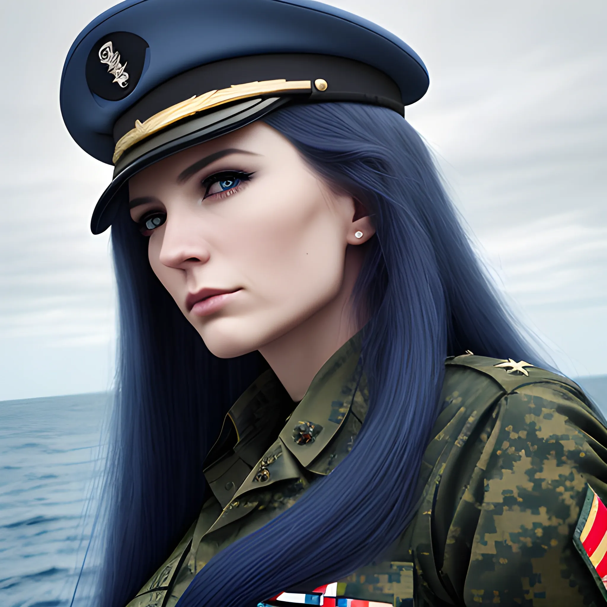 woman, long_blue_hair, military, captain,  realistic_photography