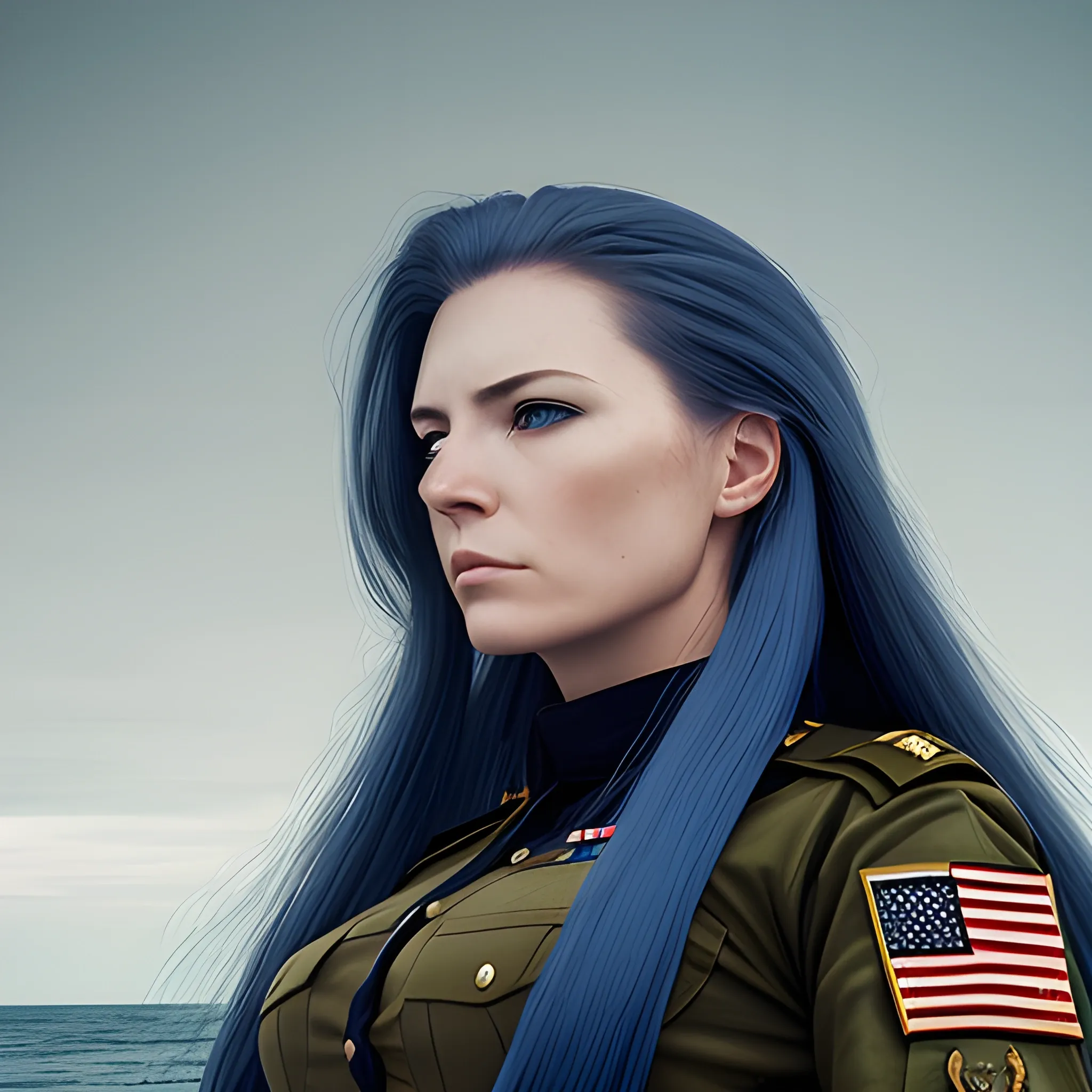 woman, long_blue_hair, military, captain,  realistic_photography