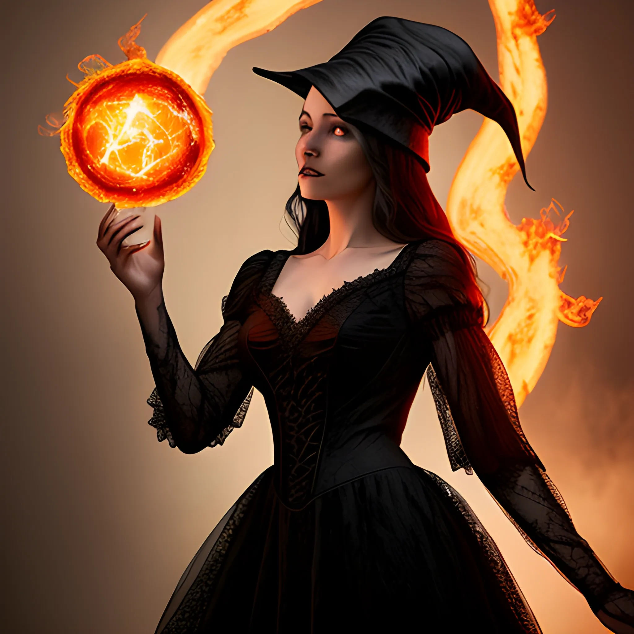 a wicked sorceress wearing a translucent lace dress holding a fireball