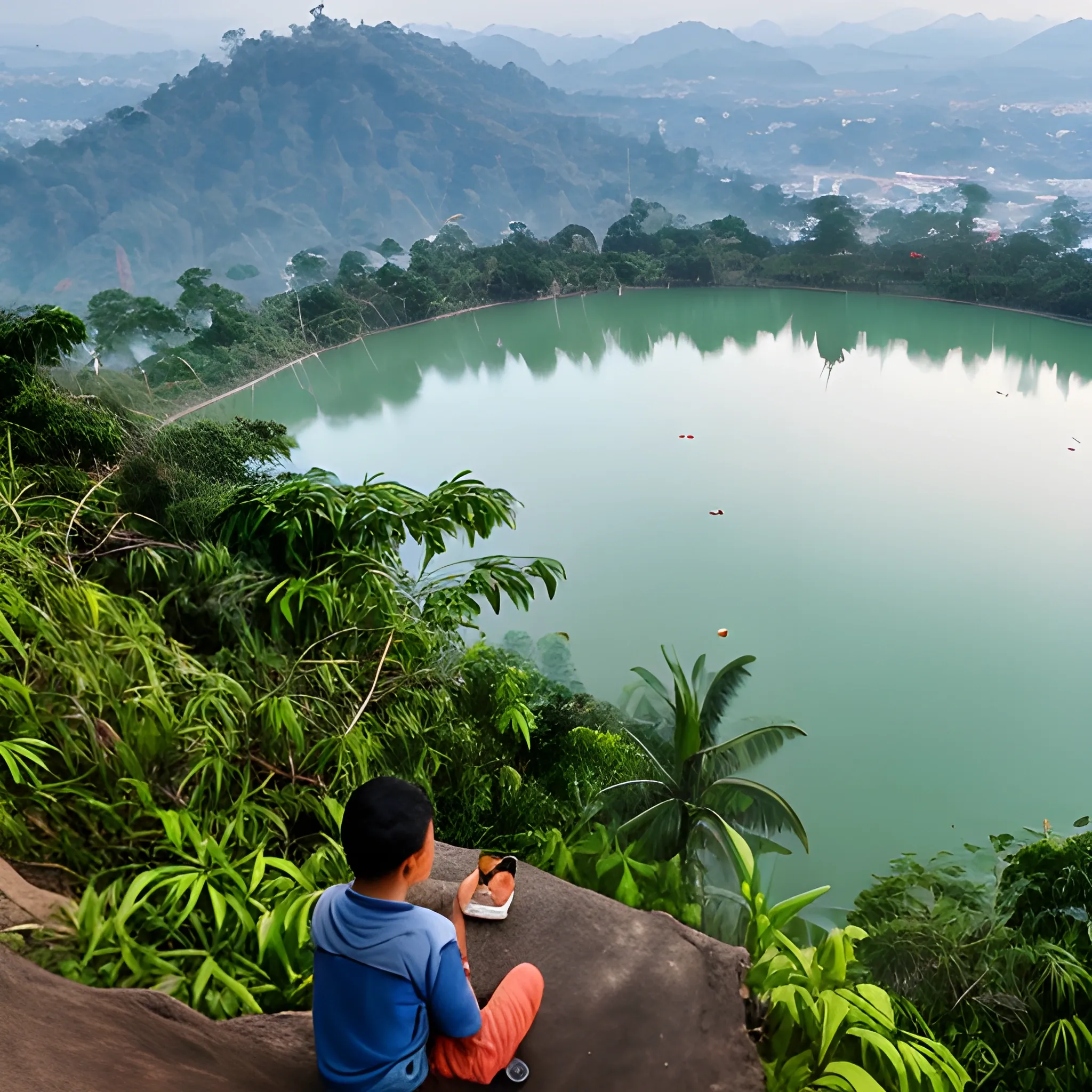 pemandangan di bebukitan dan danau suasana pagi hari 