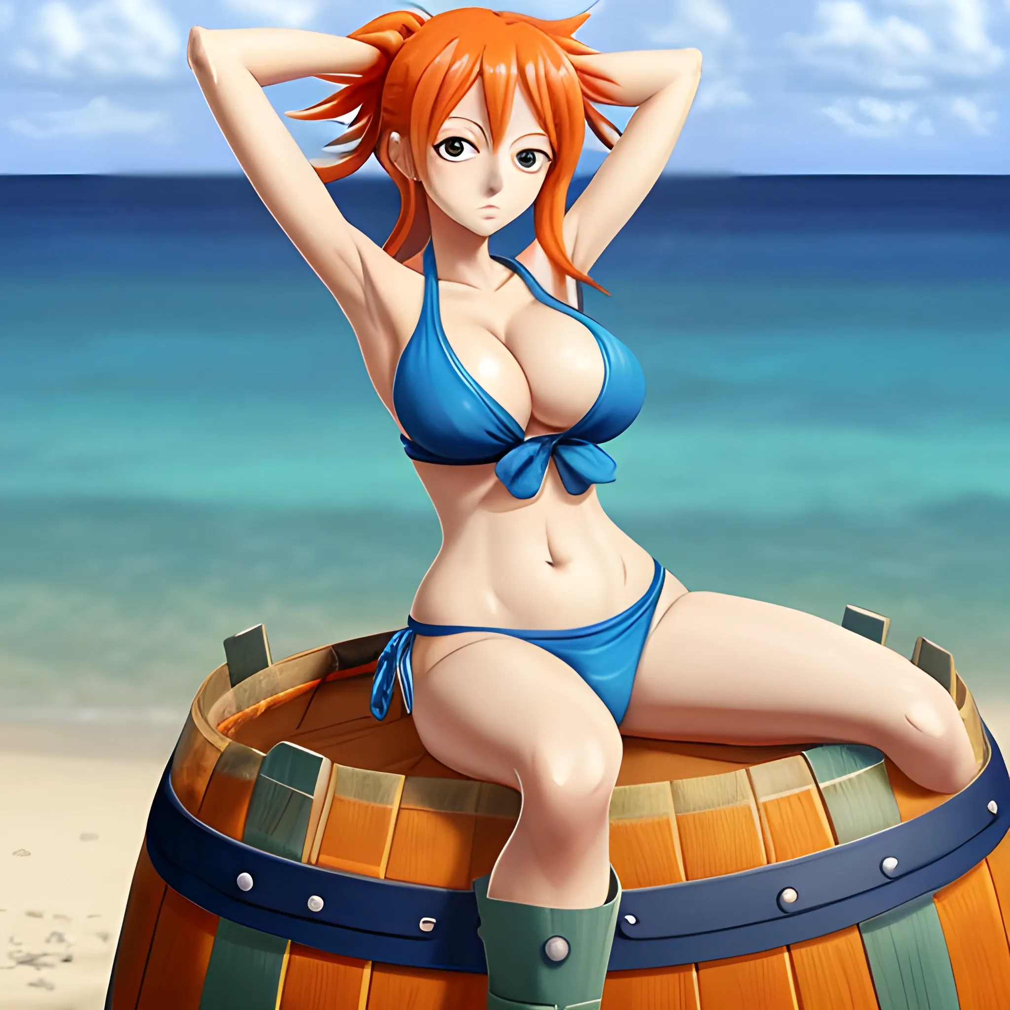 Create a scene featuring Nami from ‘One Piece’ post-time skip, sitting on a barrel with her legs crossed, holding a map. Highlight her blue bikini top, big breasts, cleavage, jeans, and long orange hair, with the ocean in the background. very detailed and high-definition. (best quality, masterpiece, colorful, dynamic angle, highest detailed, highest textures)