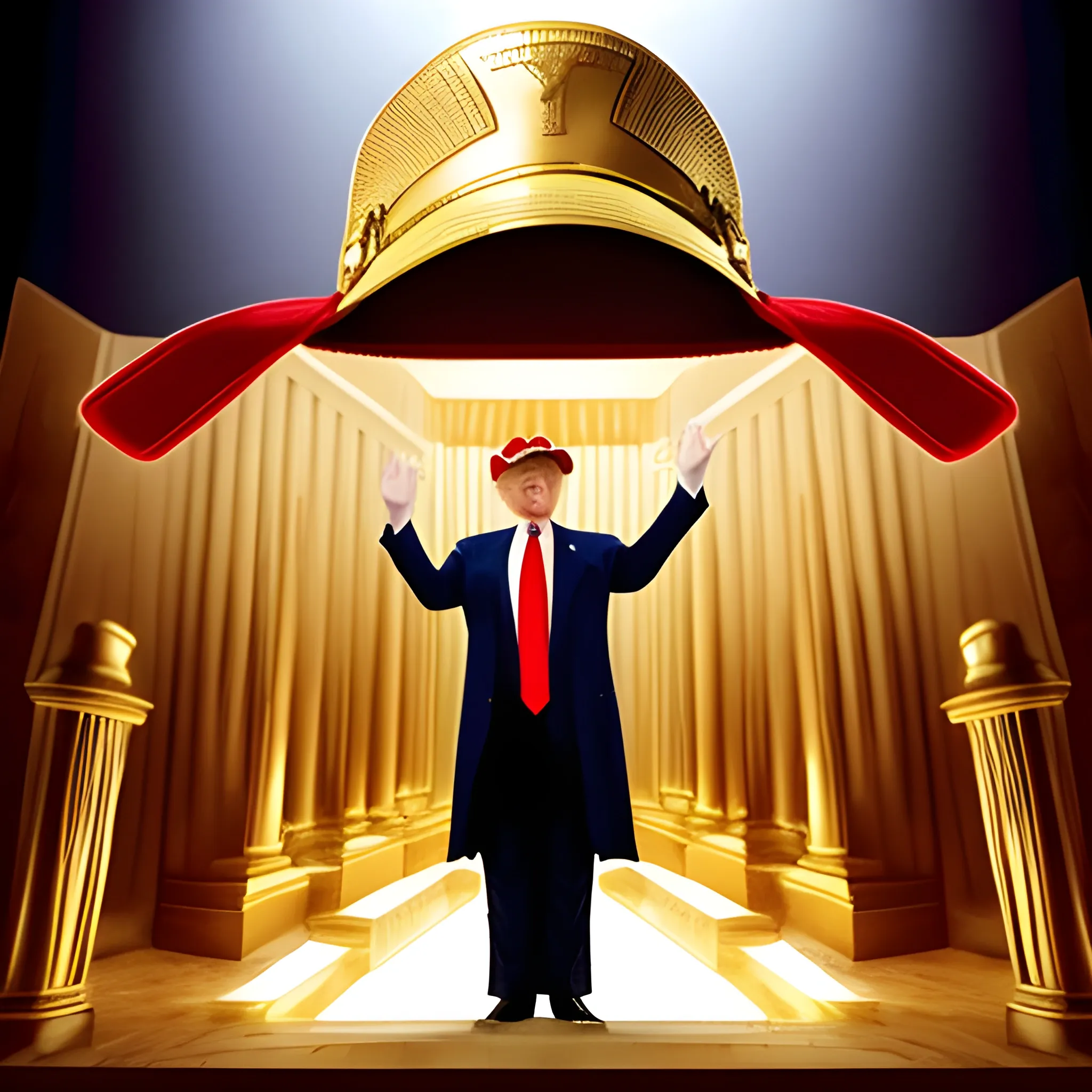 Donald Trump wearing MAGA hat hands raised standing before the ark of the covenant