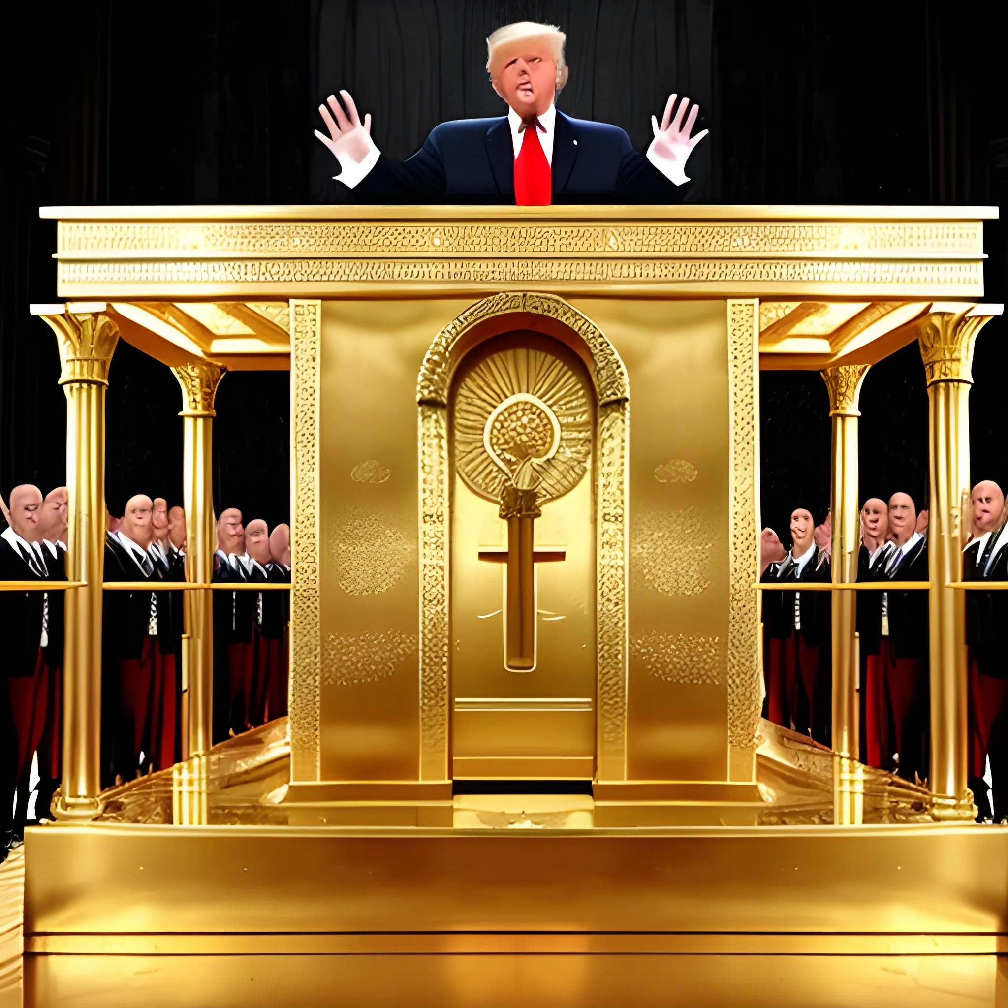 Donald Trump hands raised standing before the ark of the covenant in the holy of holies
