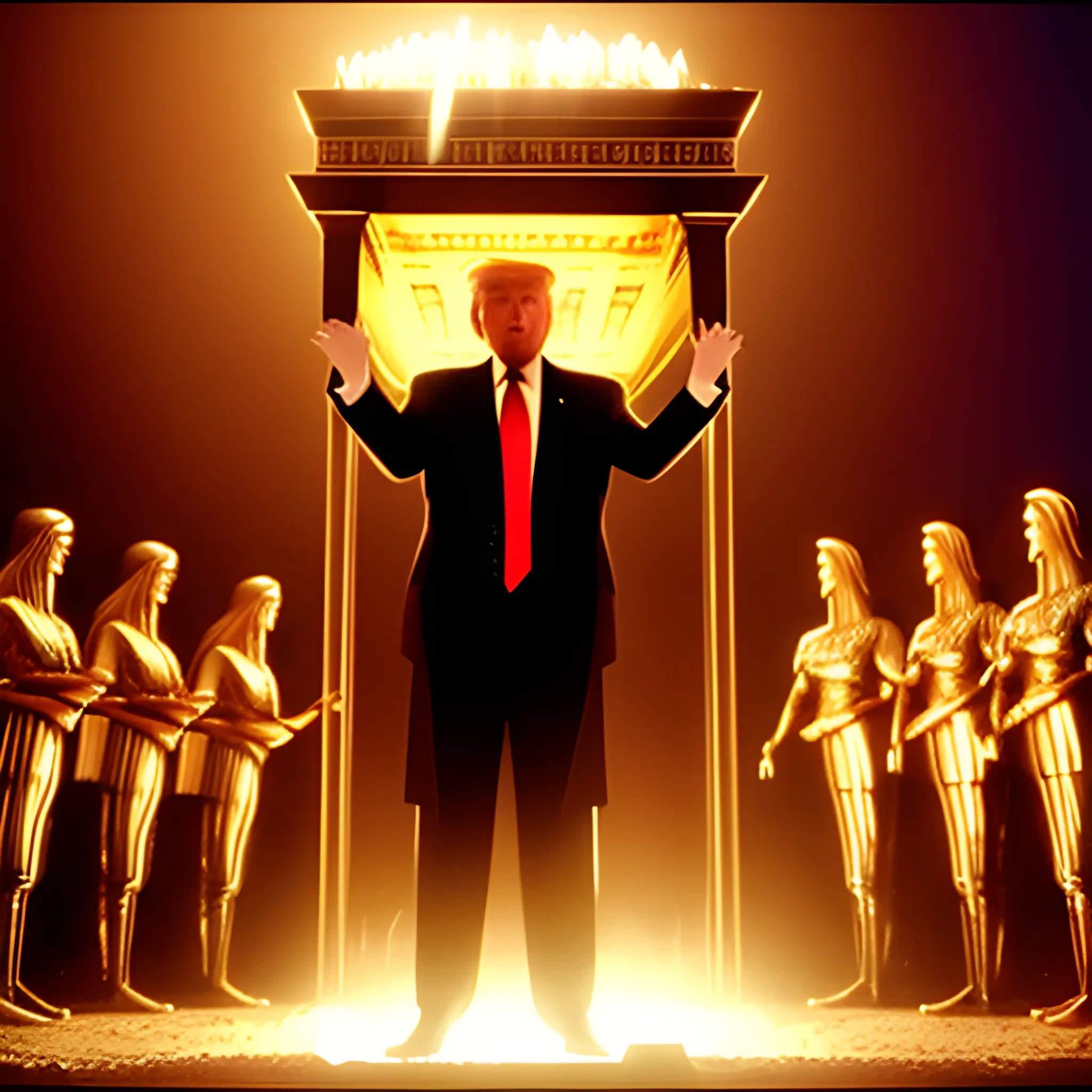 Donald Trump hands raised standing before the Ark of the Covenant