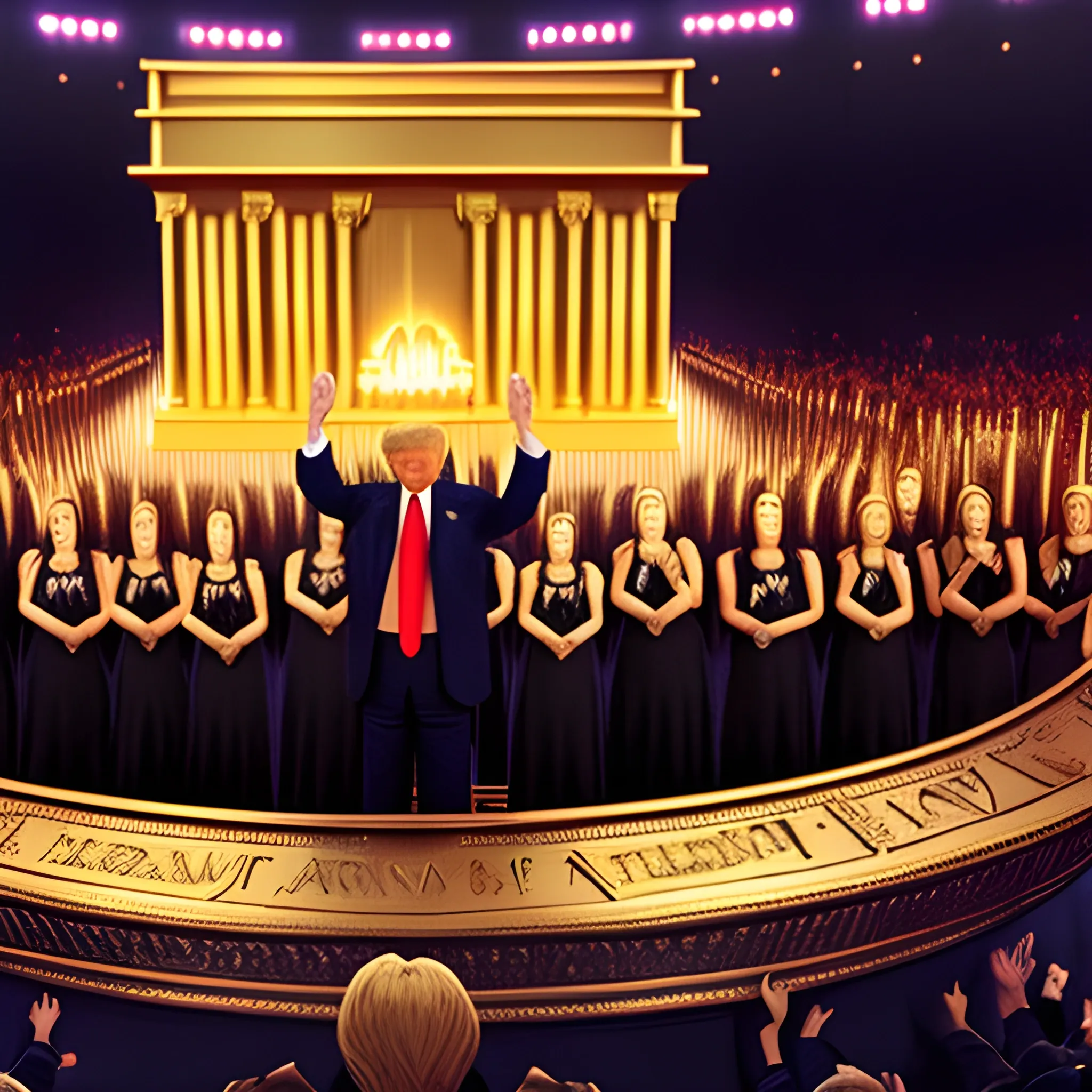 Donald Trump hands raised standing before the Ark of the Covenant