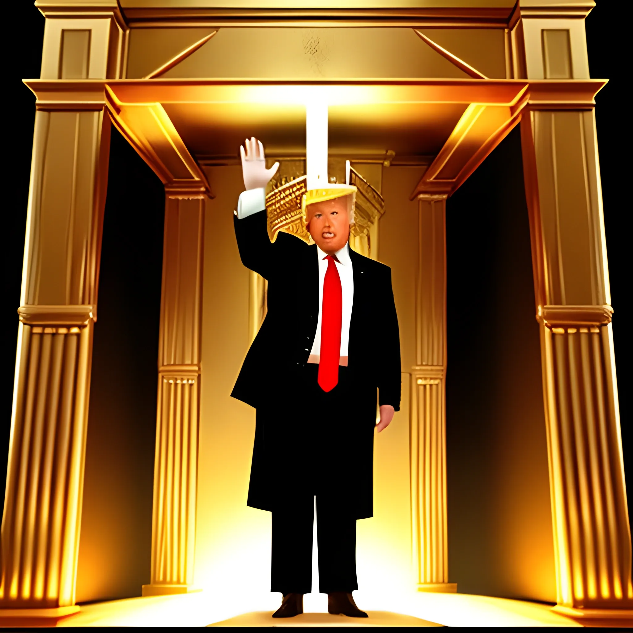 Donald Trump hands raised standing before the Ark of the Covenant