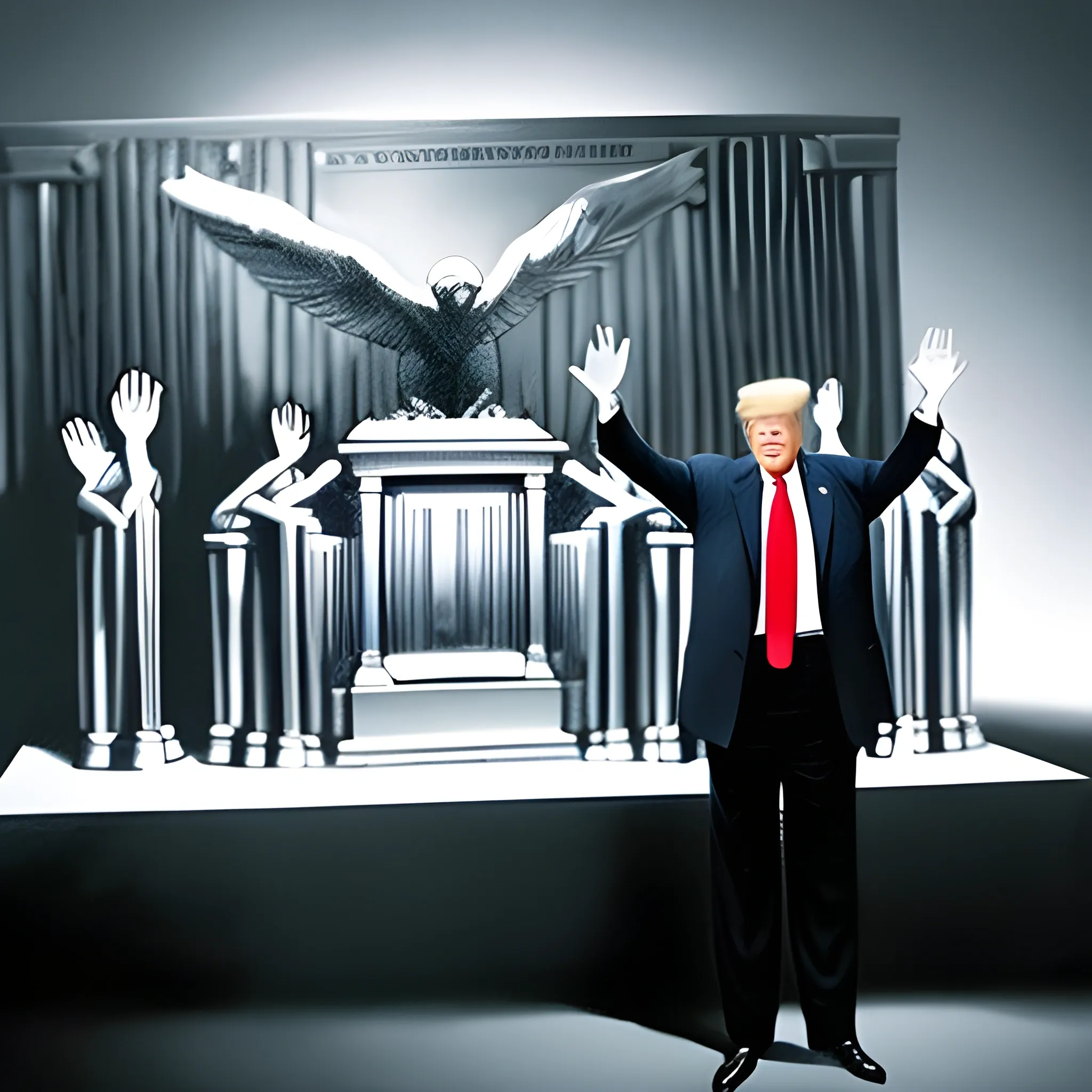 image of Donald Trump with hands raised standing in front of image of the Ark of the Covenant