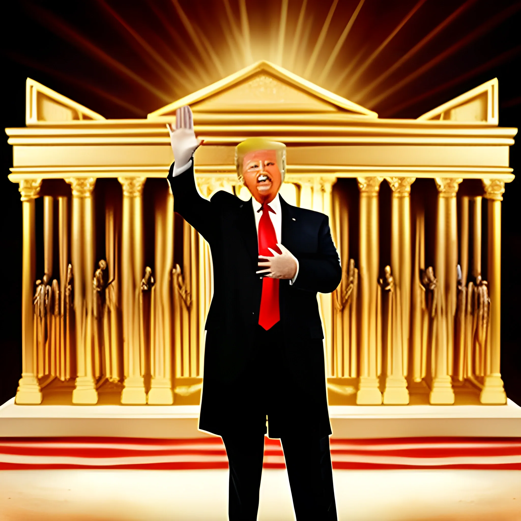 image of Donald Trump with hands raised standing in front of image of the Ark of the Covenant