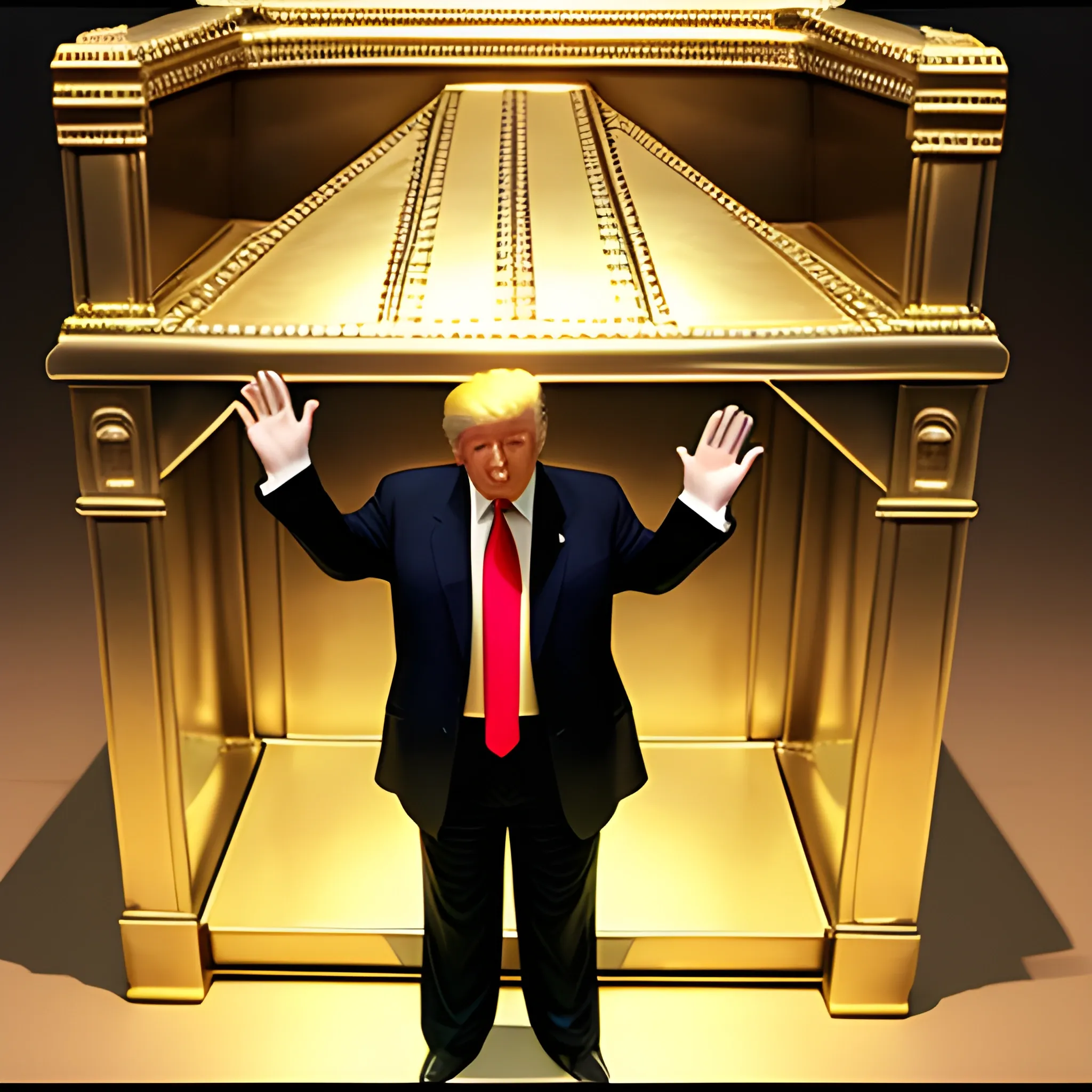 Donald Trump hands raised standing before the Ark of the Covenant