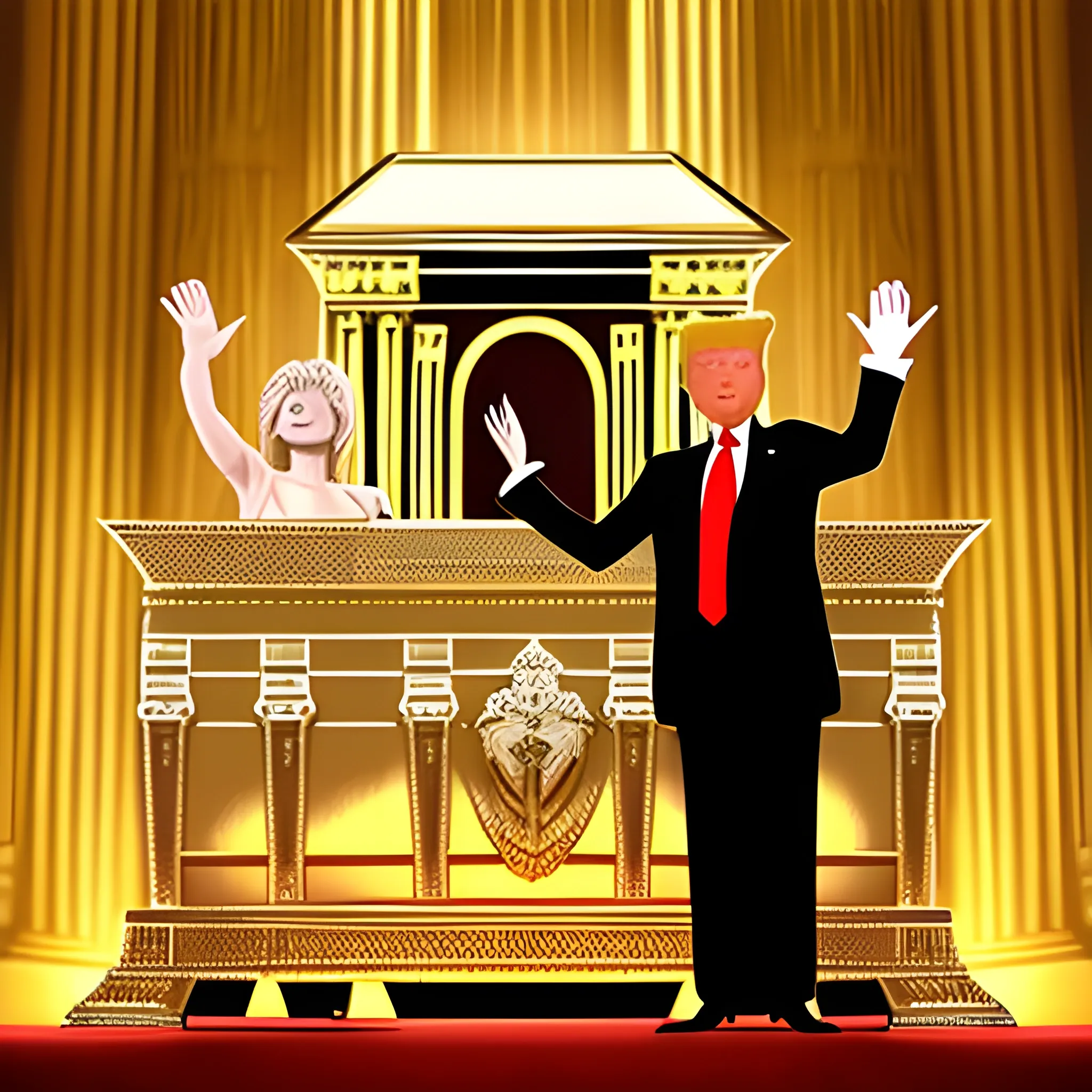 Donald Trump hands raised standing before the Ark of the Covenant