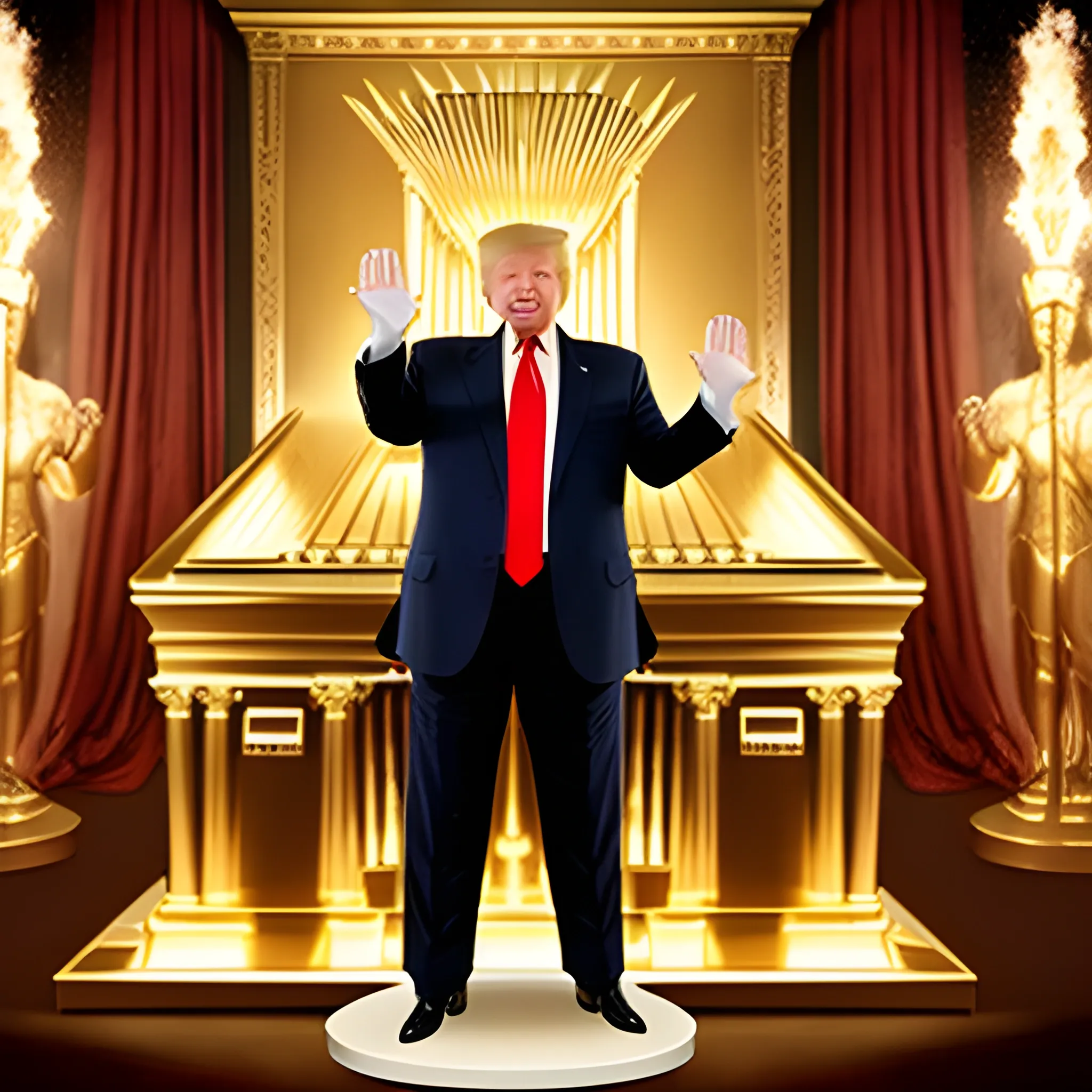 image of Donald Trump with hands raised standing in front of image of the Ark of the Covenant