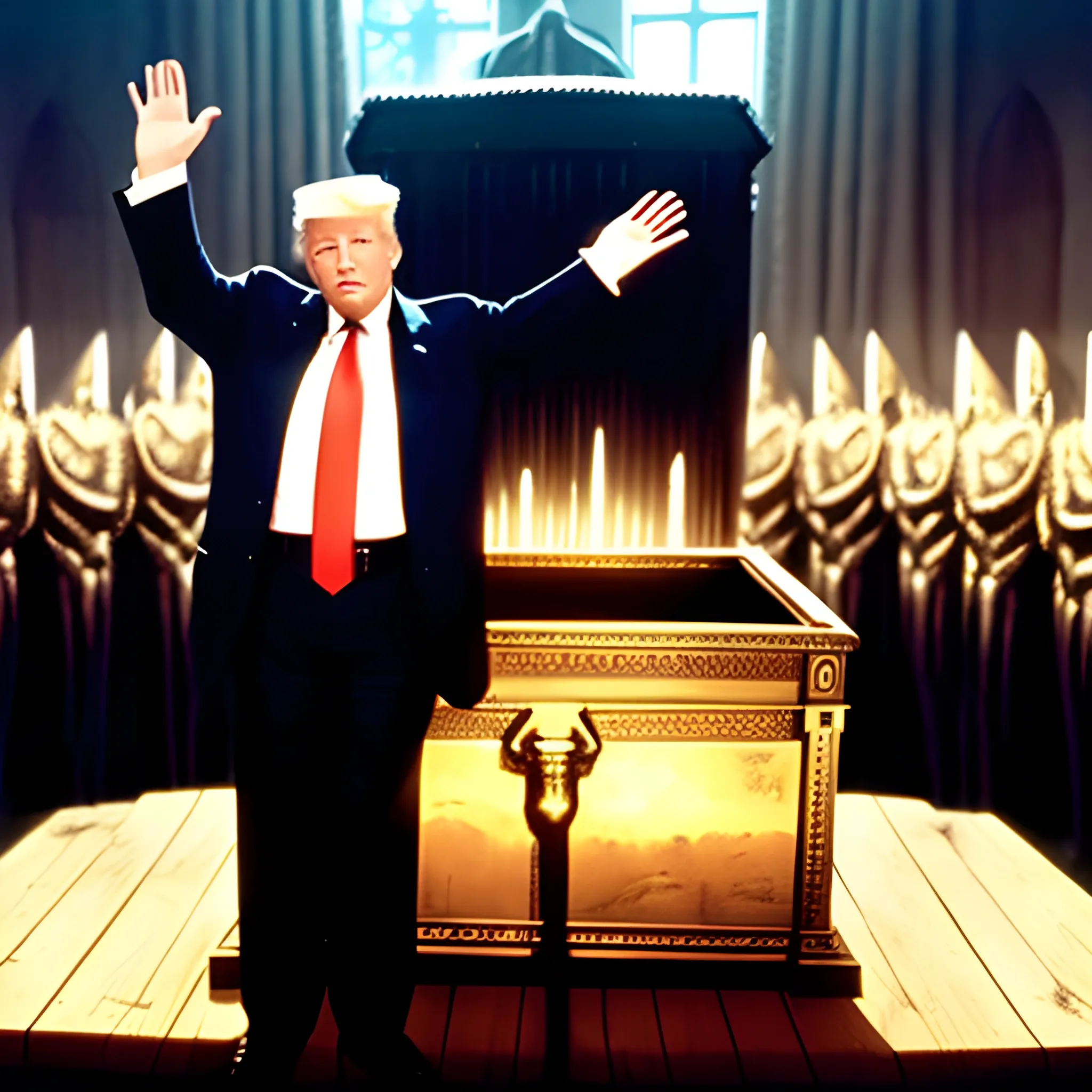 Donald Trump hands raised standing before the Ark of the Covenant