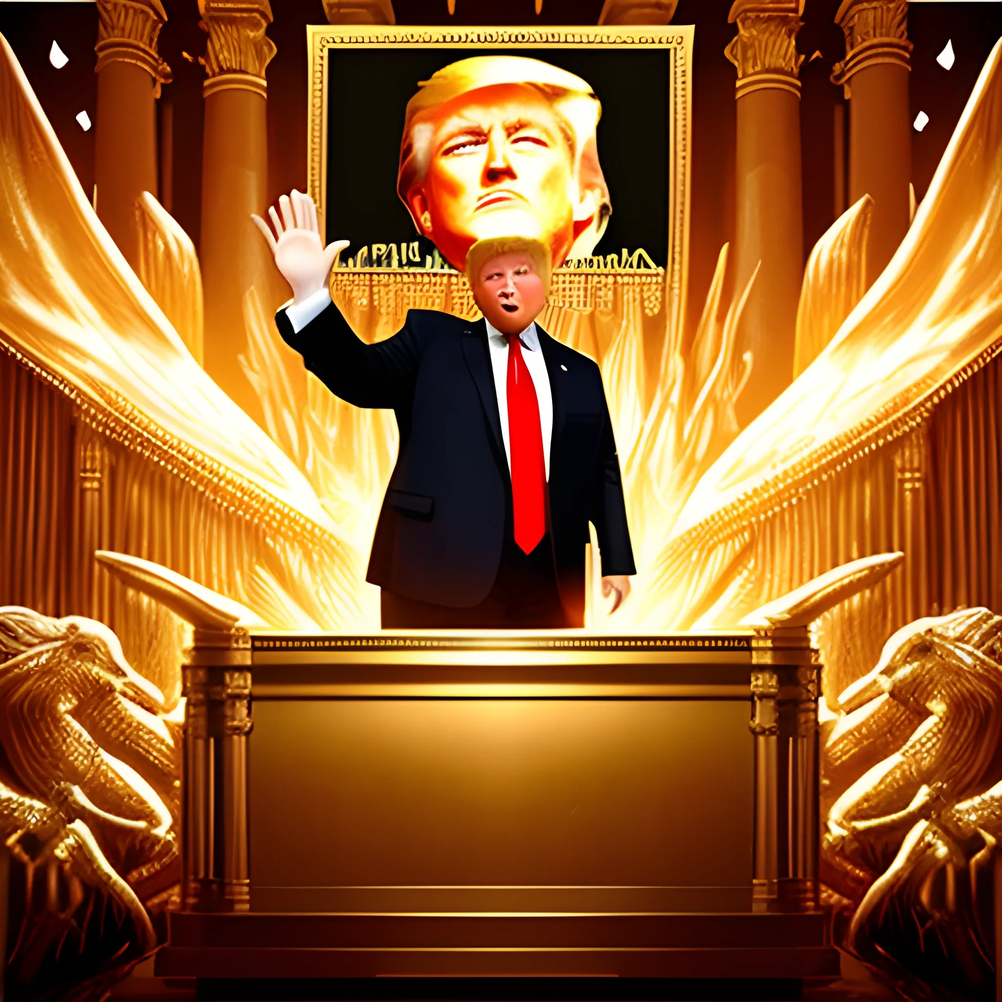 detailed image of Donald Trump with hands raised standing in front of image of the Ark of the Covenant