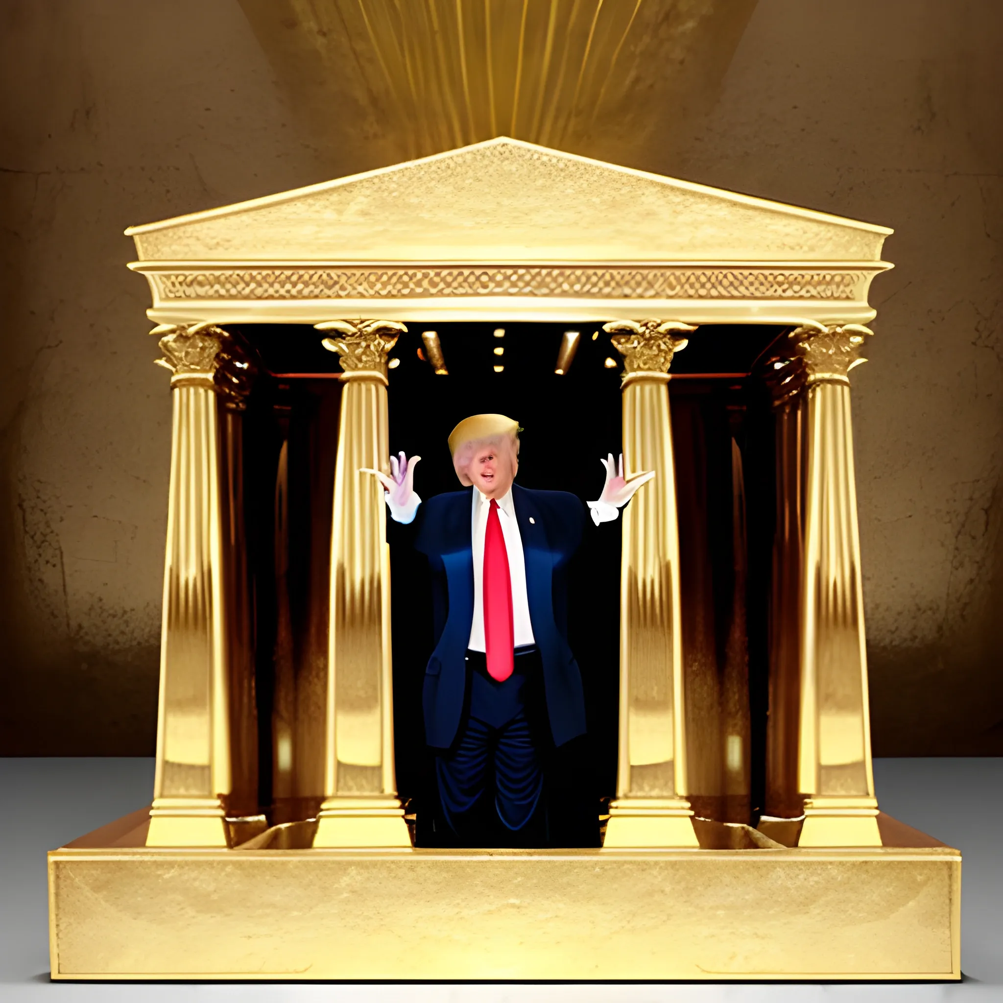 Donald Trump hands raised standing before the Ark of the Covenant