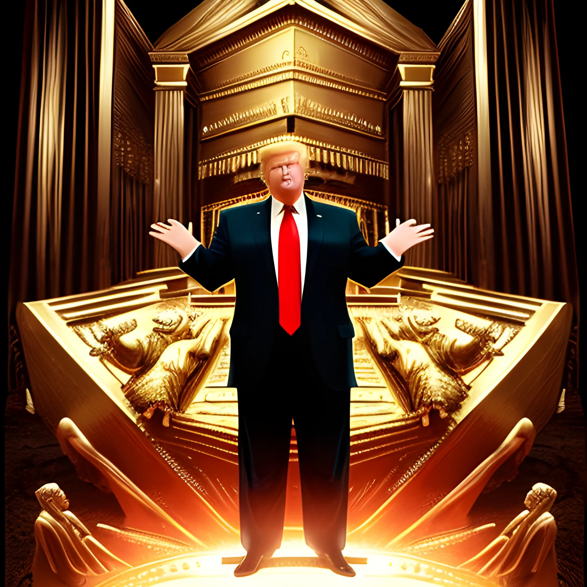 detailed image of Donald Trump with hands raised standing in front of image of the Ark of the Covenant