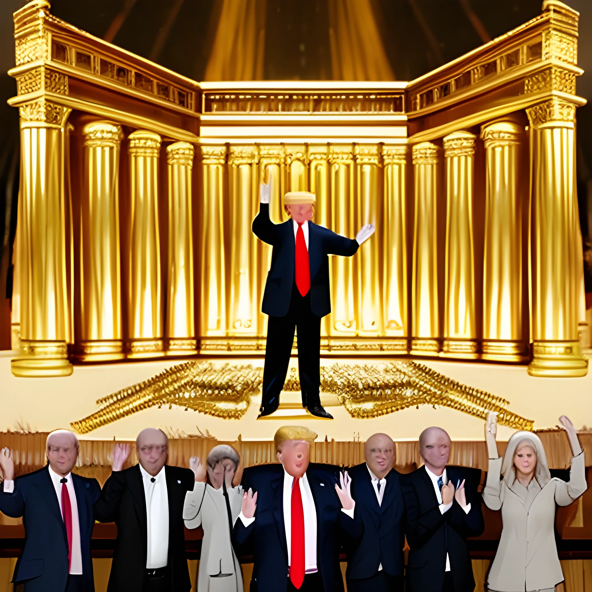 Donald Trump hands raised standing before the Ark of the Covenant