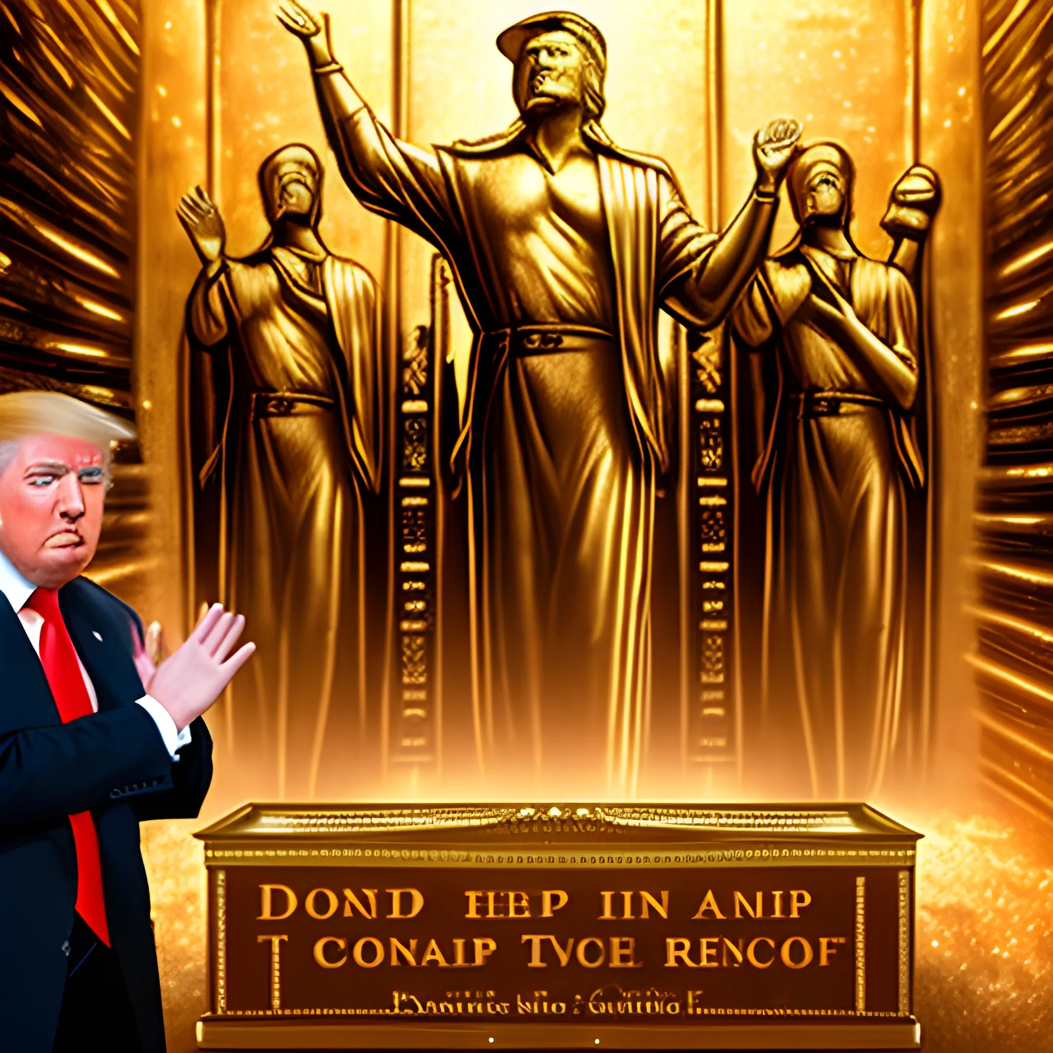 detailed image of Donald Trump with hands raised standing in front of image of the Ark of the Covenant