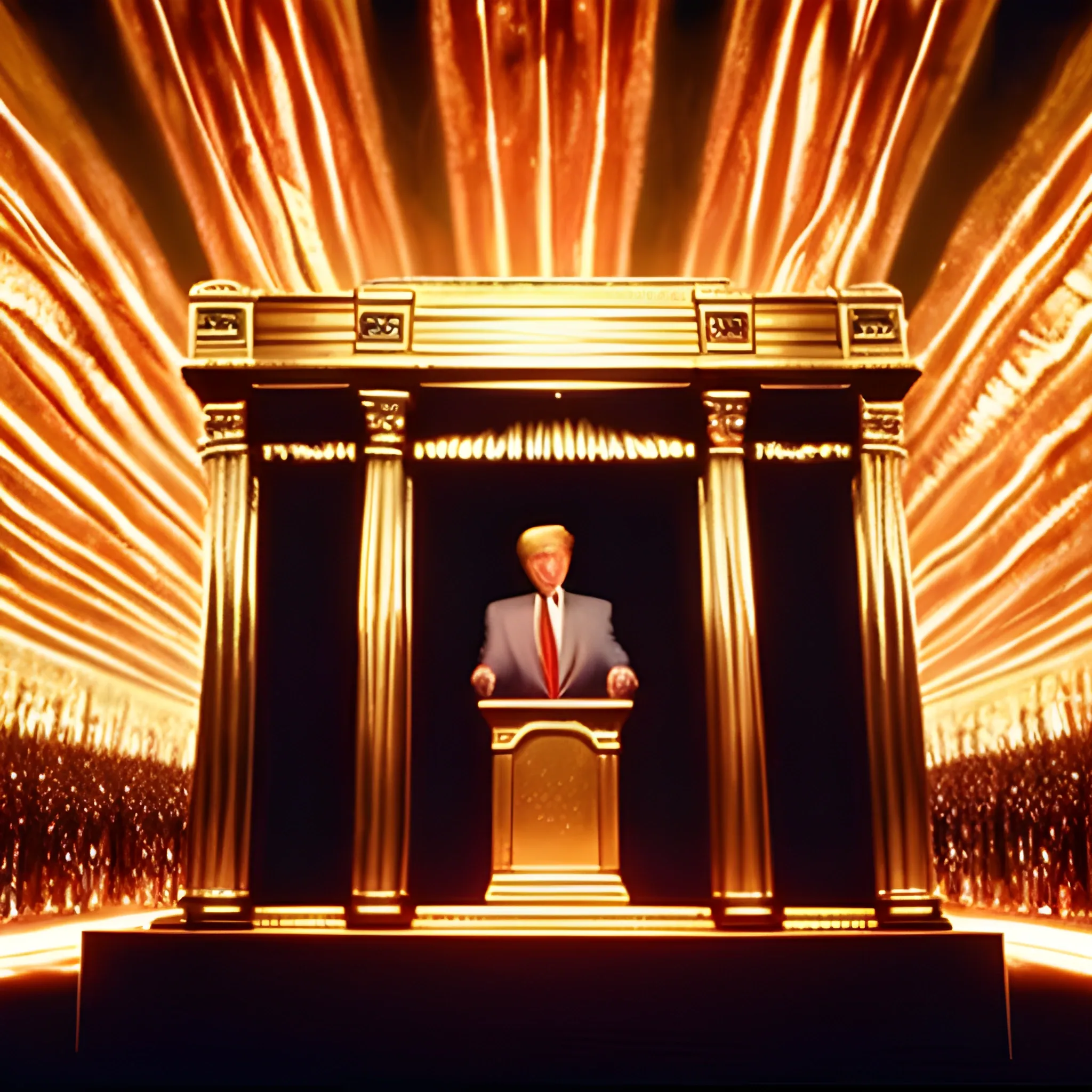 Donald Trump hands raised standing before the Ark of the Covenant