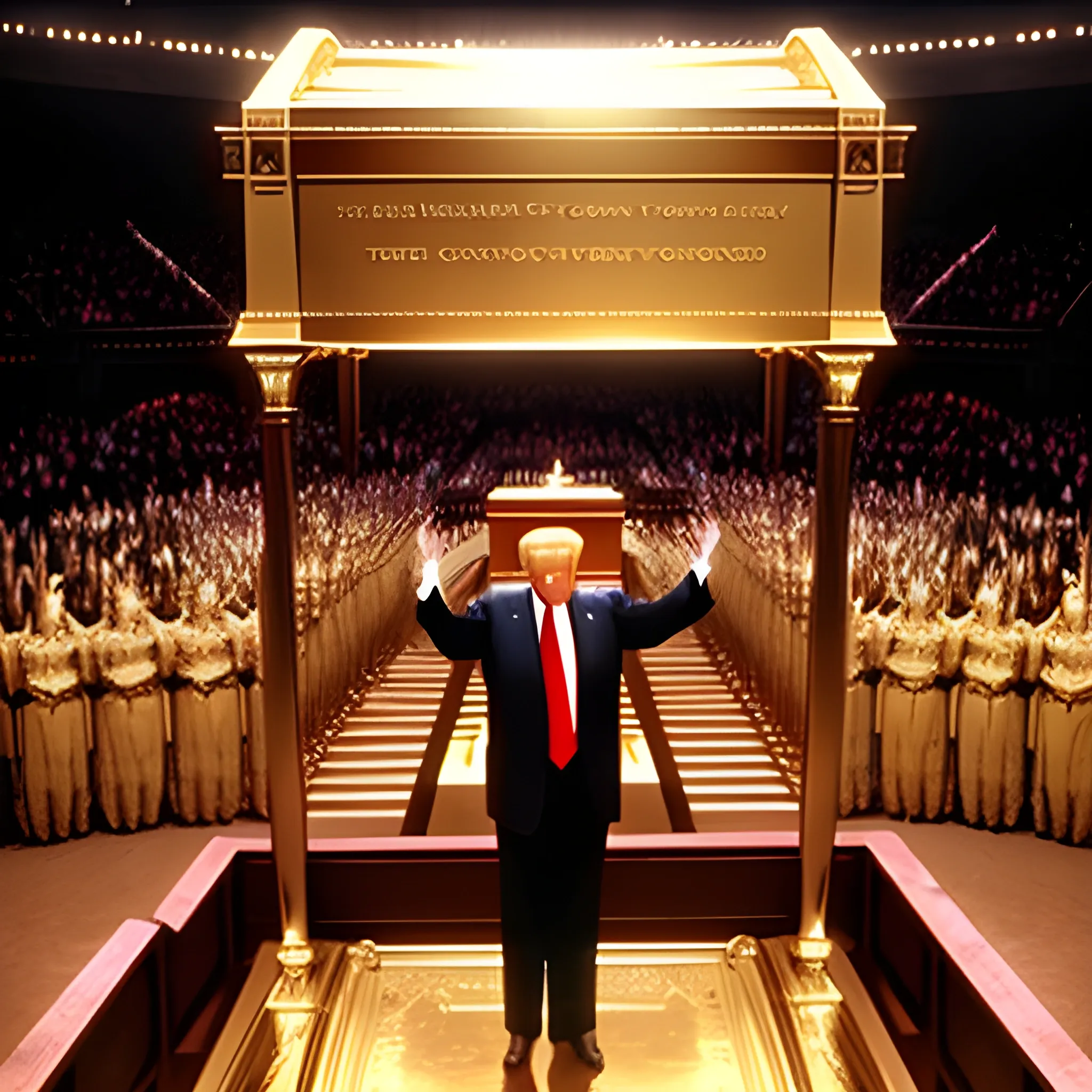 Donald Trump hands raised standing before the Ark of the Covenant