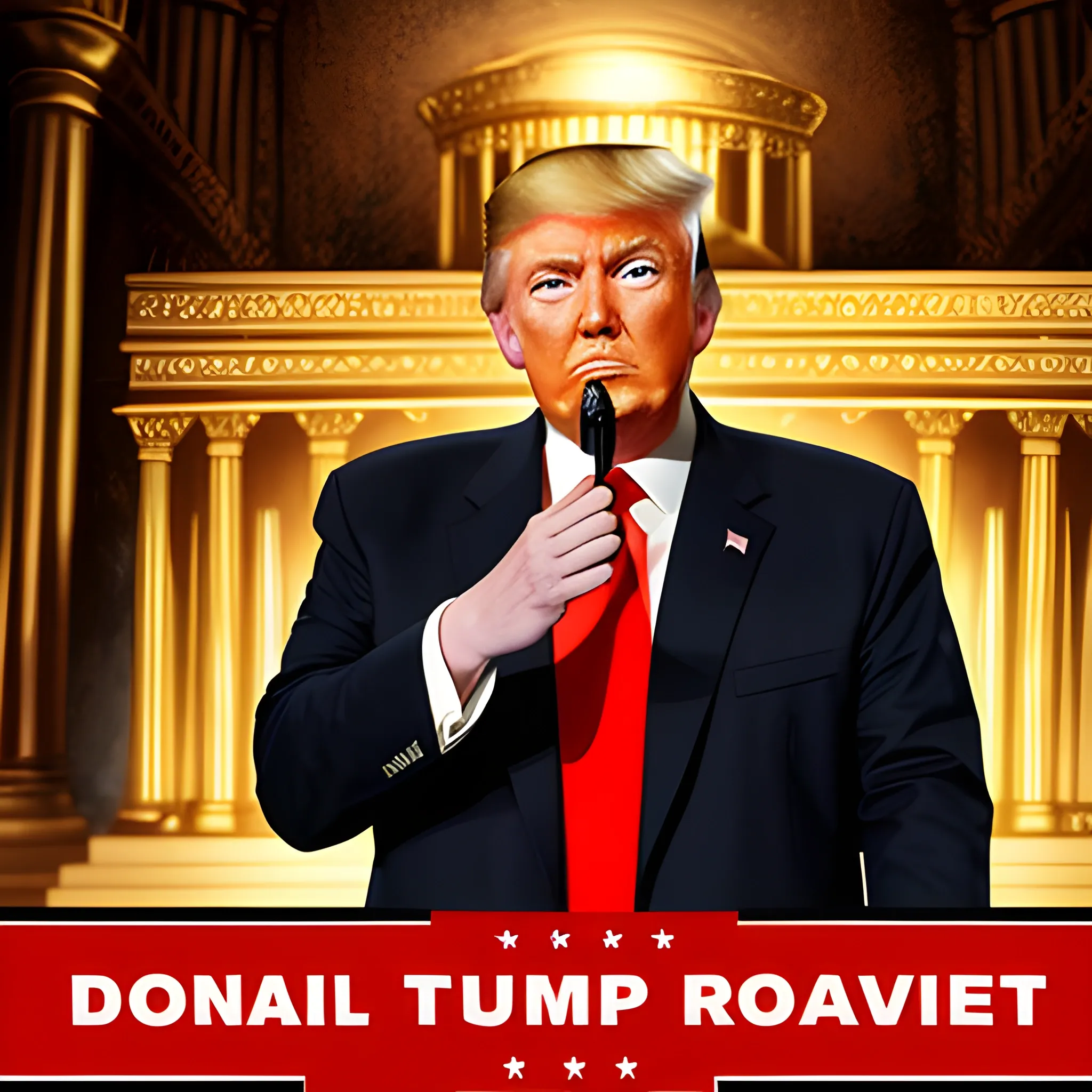 detailed image of Donald Trump with hands raised standing in front of image of the Ark of the Covenant -text