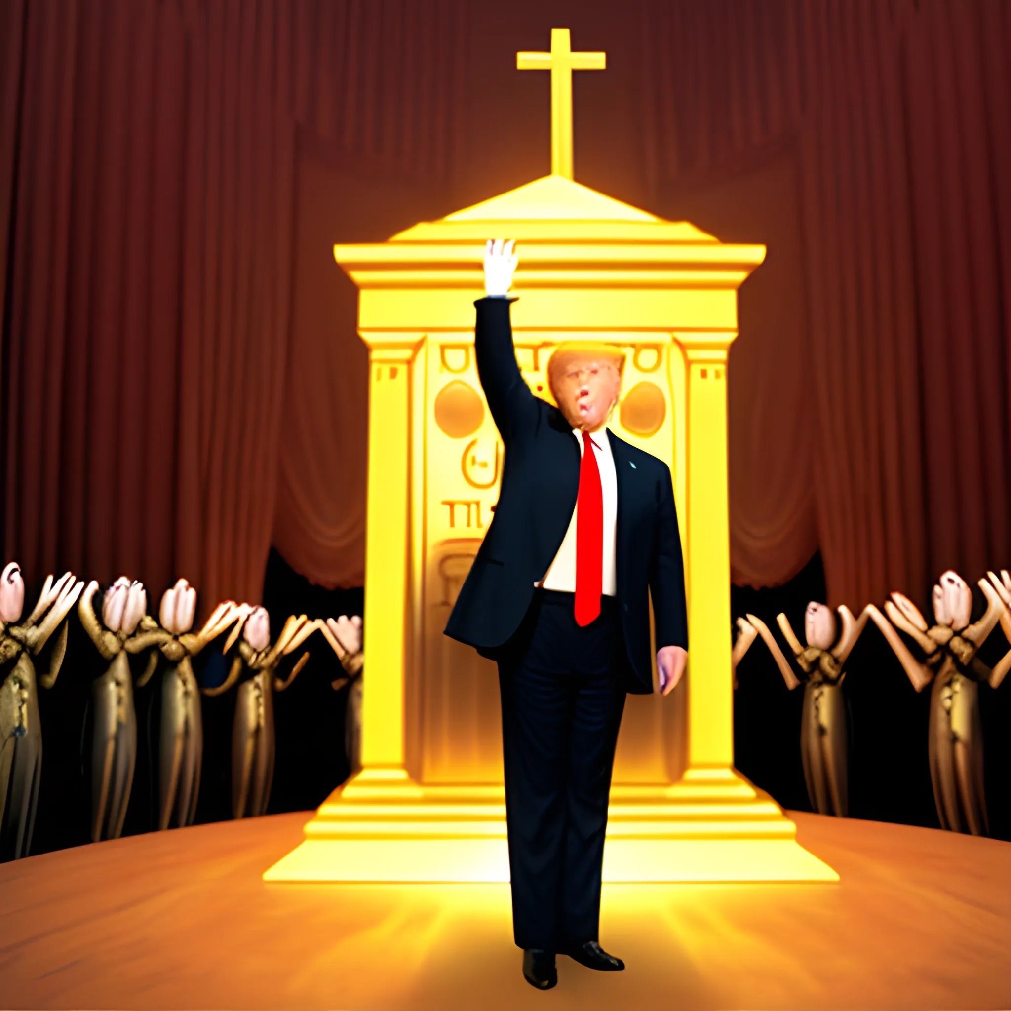 Donald Trump hands raised standing before the Ark of the Covenant