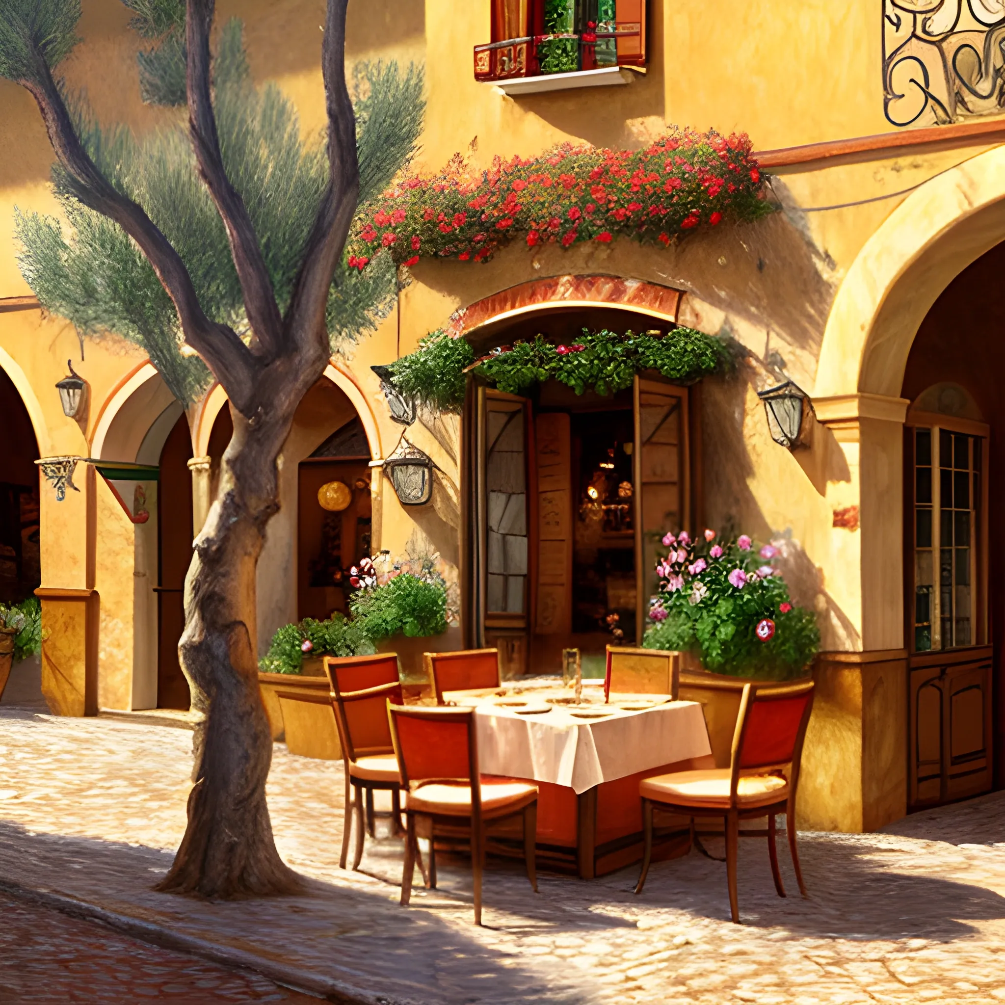 a traditional pizzeria in the street of a small village on the riviera. a terrace in the shade of a hundred - year - old olive tree, a friendly atmosphere around pizzas and rose wine. dolce vita. unreal engine rendering, hyper realist, ultra detailed, oil painting, warm colors, happy, impressionism, da vinci, 